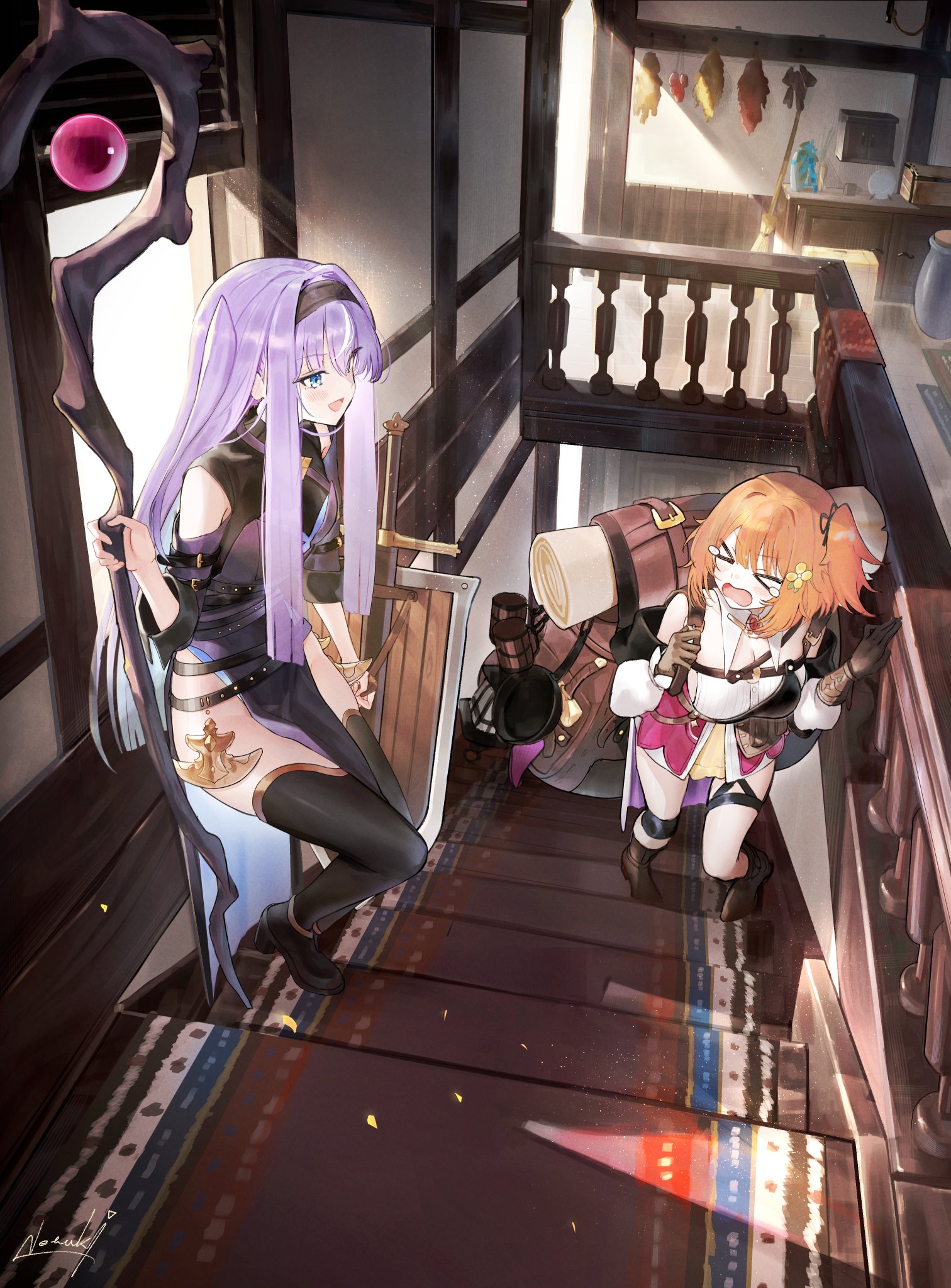 miruto netsuki, original, commentary, english commentary, highres, > <, 2girls, backpack, bag, bare shoulders, belt, black dress, black shoes, black thighhighs, blue eyes, boots, brown gloves, clothing cutout, detached sleeves, dress, gloves, hairband, holding, holding staff, indoors, long hair, long sleeves, looking at another, multiple belts, multiple girls, no panties, one side up, orange hair, pelvic curtain, purple hair, red skirt, shirt, shoes, shoulder cutout, skirt, staff, stairs, thighhighs, thighs, very long hair, white shirt