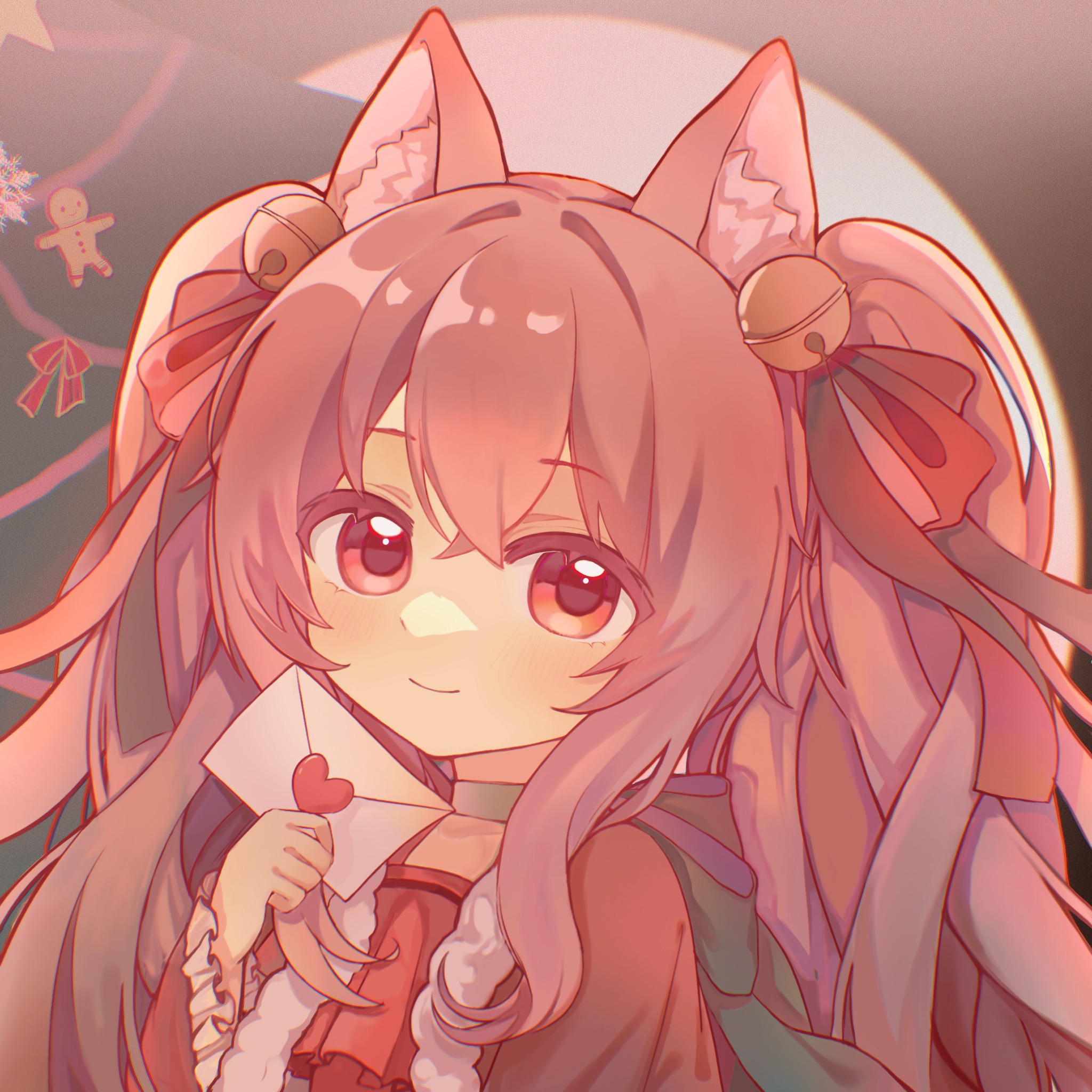 angelina (arknights), arknights, chinese commentary, commentary request, highres, 1girl, animal ear fluff, animal ears, bell, brown hair, choker, christmas, chromatic aberration, closed mouth, crossed bangs, frilled sleeves, frills, grey choker, heart, holding, holding letter, jingle bell, letter, light blush, long hair, long sleeves, looking at viewer, quan2234, red eyes, red shirt, shirt, smile, solo