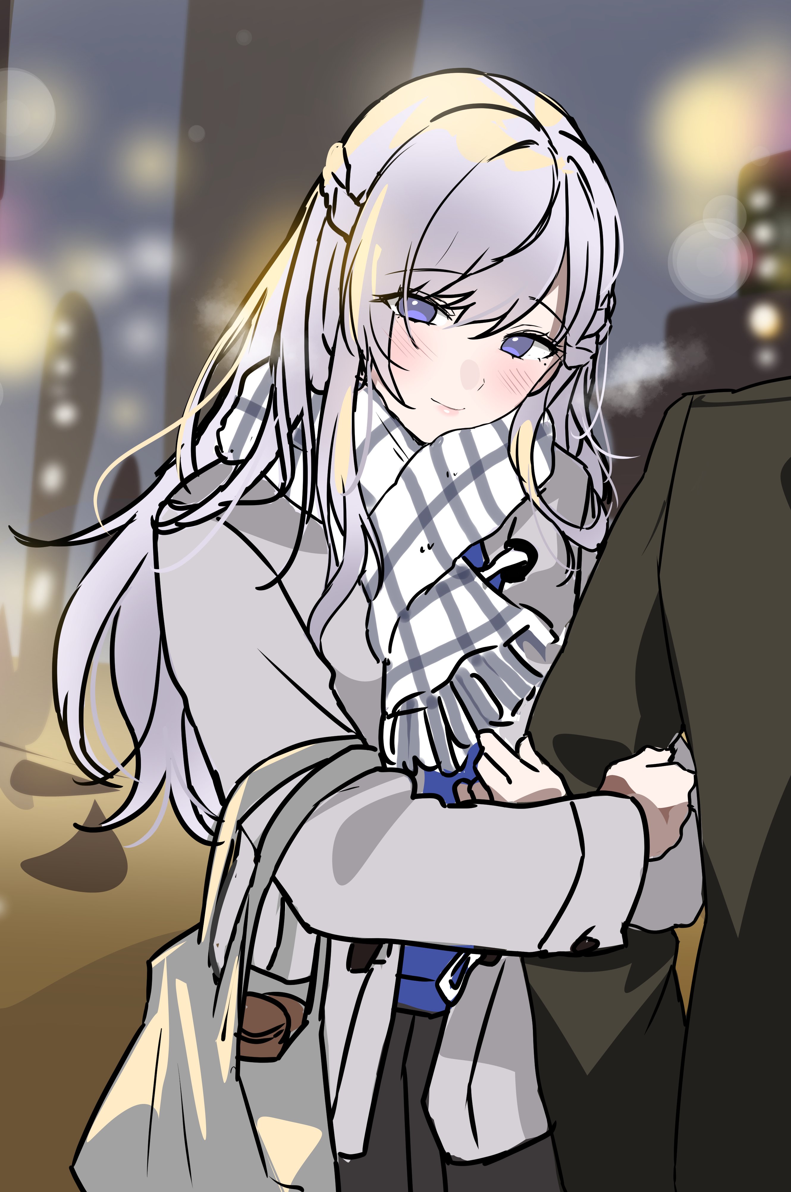 gijang, lenhee (kaito), original, absurdres, commentary, commission, highres, second-party source, 1girl, 1other, arm hug, black suit, blue shirt, blurry, blurry background, borrowed character, braid, checkered clothes, checkered scarf, city lights, cityscape, dot nose, eyebrows hidden by hair, feet out of frame, formal clothes, grey hair, grey jacket, hair between eyes, half up braid, jacket, light blush, light smile, mole, mole under eye, night, outdoors, scarf, shirt, suit, swept bangs, two-tone scarf, white bag