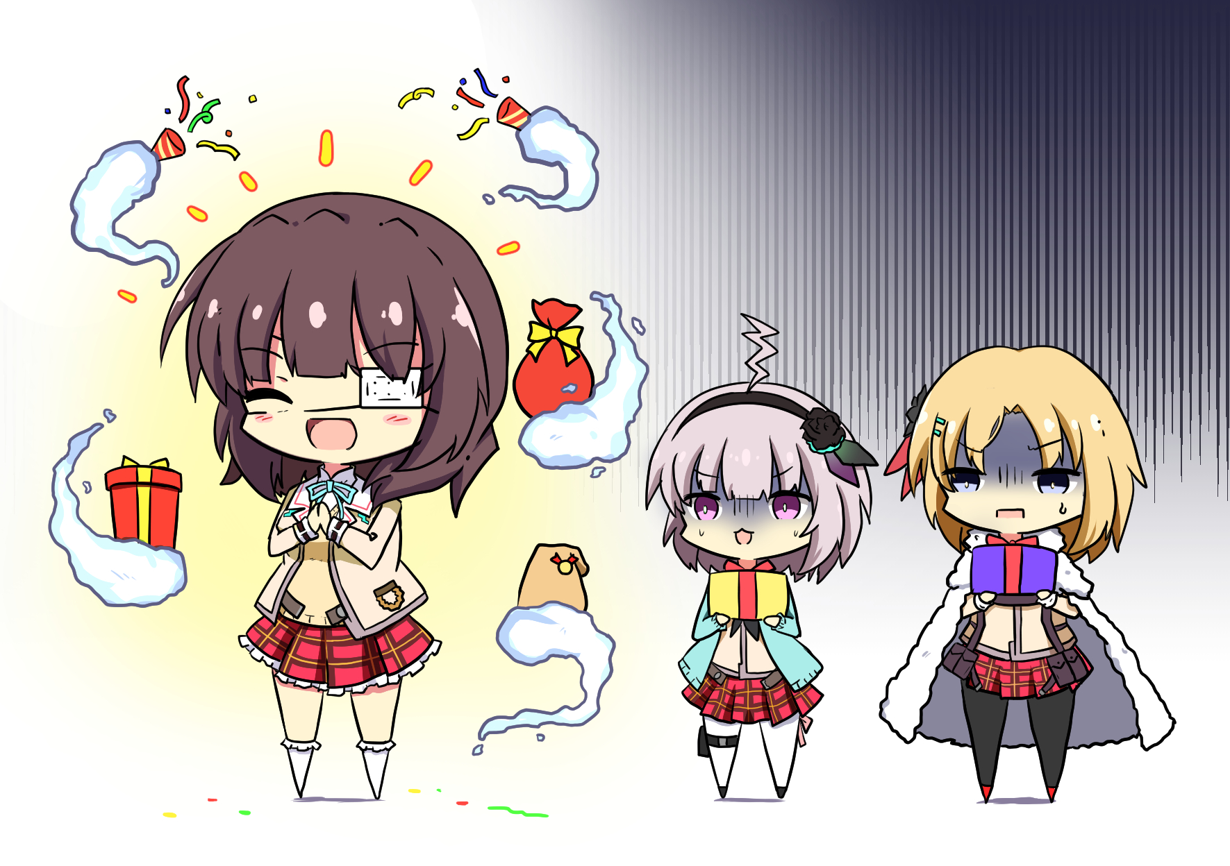 sekibaracheice, hiiragi kozue, minase ichigo, minase sumomo, heaven burns red, commentary request, highres, 3girls, :3, :d, ^ ^, ahoge, birthday, black flower, black hairband, black pantyhose, black rose, blonde hair, blue eyes, blunt bangs, blush stickers, box, bright pupils, brown hair, chibi, chibi only, closed eyes, confetti, flower, frilled skirt, frills, full body, ghost, gift, gift box, grey hair, hair flower, hair ornament, hairband, hairclip, happy, holding, holding gift, jacket, lightning ahoge, looking at another, medium hair, miniskirt, multiple girls, notice lines, one eye covered, open mouth, own hands together, pantyhose, parallel hairclips, parted bangs, party popper, plaid clothes, plaid skirt, pleated skirt, purple eyes, red skirt, rose, scared, shaded face, siblings, simple background, sisters, skirt, smile, socks, standing, sweatdrop, v-shaped eyebrows, white background, white pantyhose, white pupils, white socks, yellow jacket