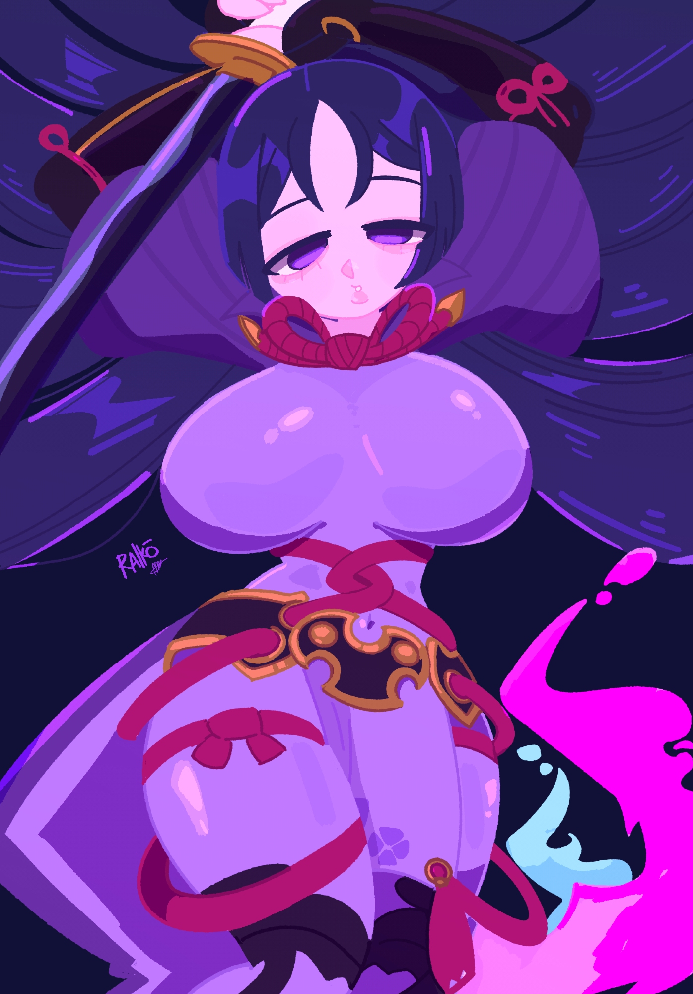 zettonamo888, minamoto no raikou (fate), fate/grand order, fate (series), commentary, highres, 1girl, arms up, bodysuit, hair spread out, half-closed eyes, katana, long hair, lying, no lineart, on back, parted bangs, parted lips, purple bodysuit, purple eyes, purple hair, ribbed sleeves, rope, sword, weapon