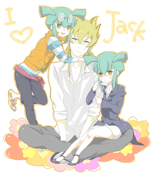 jack atlas, luca (yu-gi-oh!), yu-gi-oh!, yu-gi-oh! 5d's, carly nagisa (cosplay), cosplay, earrings, glasses, green hair, jewelry, twintails, yellow eyes