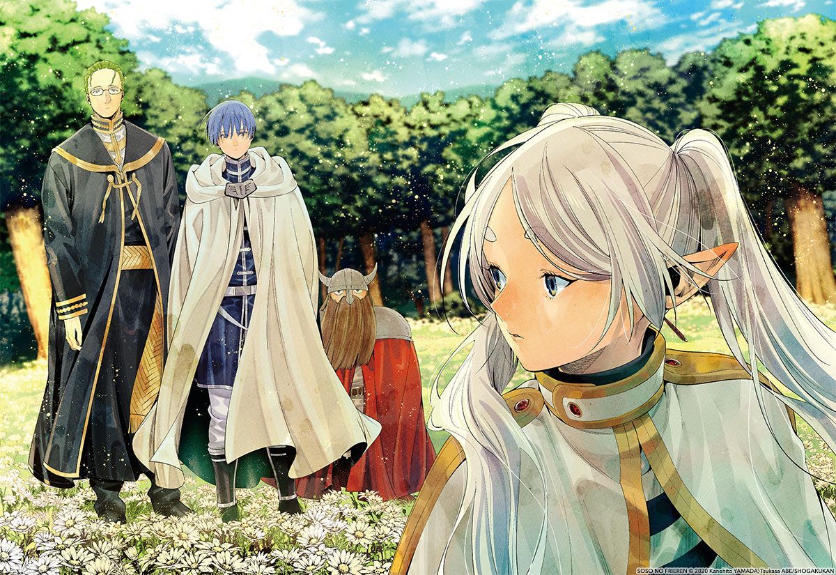 abe tsukasa, eisen (sousou no frieren), frieren, heiter, himmel (sousou no frieren), sousou no frieren, commentary, english commentary, official art, second-party source, 1girl, 3boys, armor, beard, belt, black boots, black jacket, black pants, black robe, blonde facial hair, blue eyes, blue hair, blue shirt, blue sky, boots, cape, capelet, cloak, dwarf, elf, facial hair, fake horns, flower, glasses, gold trim, grass, green hair, grey hair, helmet, horned helmet, horns, jacket, long hair, long pointy ears, long sleeves, multiple boys, pants, pointy ears, red cape, red cloak, robe, shirt, short hair, shoulder armor, sky, striped clothes, striped shirt, tree, twintails, white capelet, white cloak, white flower, white pants