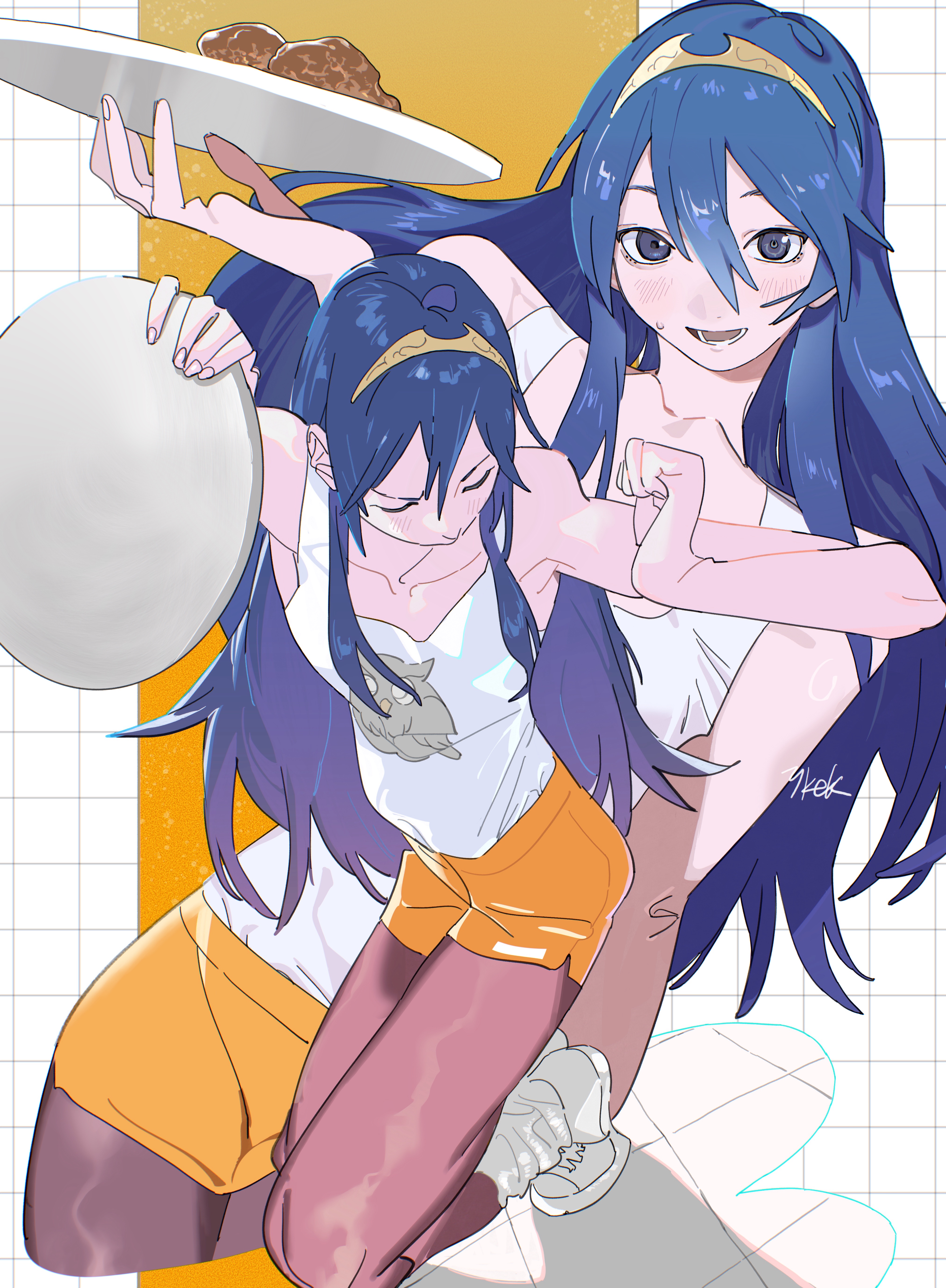 himuro yukichiko, lucina (fire emblem), fire emblem, hooters, nintendo, absurdres, check commentary, commentary, commentary request, commission, highres, pixiv commission, 1girl, alternate costume, blocking, blue eyes, blue hair, brand of the exalt, chicken (food), closed eyes, dolphin shorts, employee uniform, flat chest, food, fried chicken, grid background, hair between eyes, holding, kneeling, light blush, long hair, looking at viewer, looking down, multiple views, nervous, open mouth, orange shorts, parody, petite, short shorts, shorts, signature, simple background, skinny, smile, solo, sweatdrop, tank top, tiara, two-tone background, waitress, yellow background