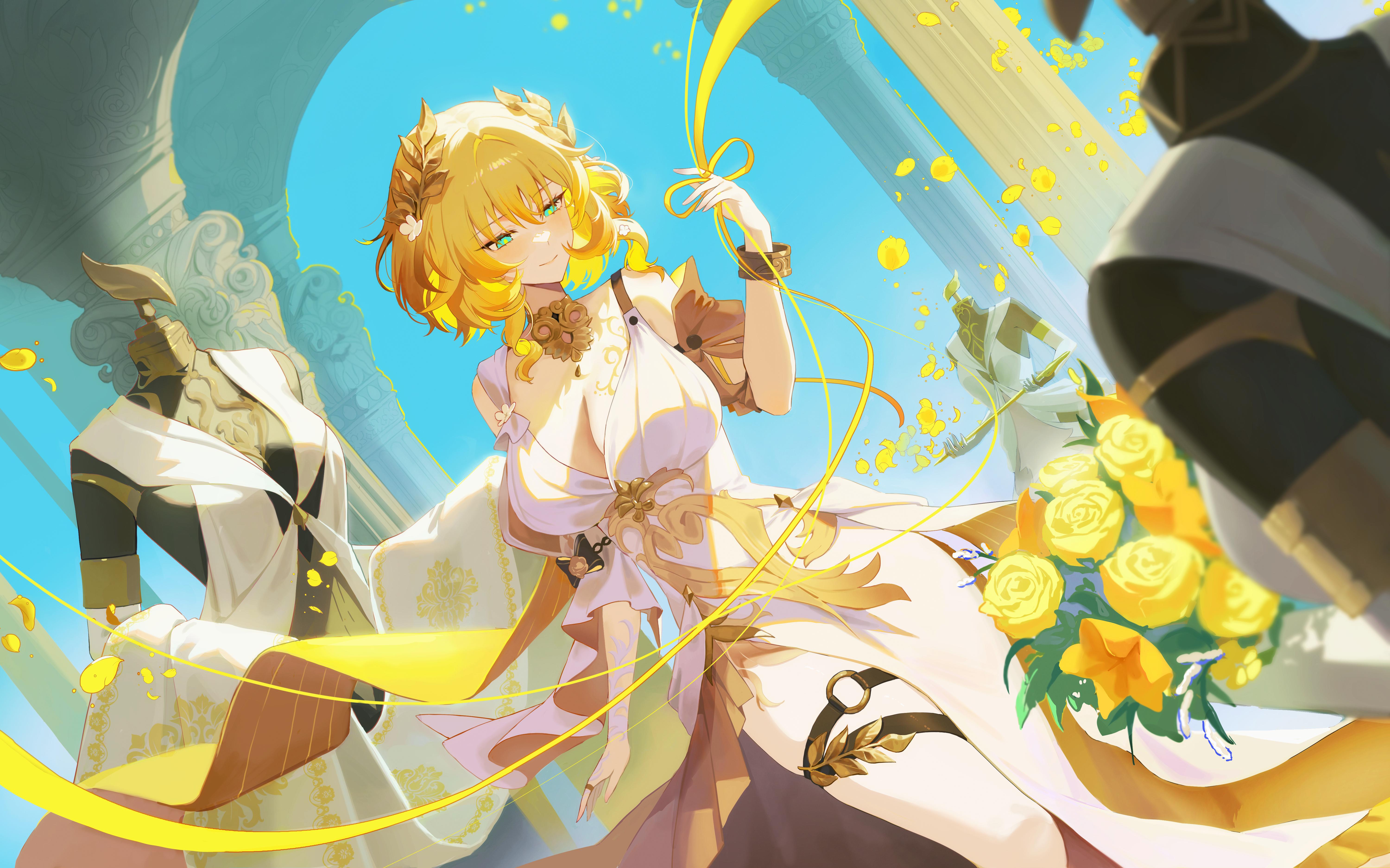 sugarcanedove, aglaea (honkai: star rail), honkai: star rail, honkai (series), absurdres, commentary, english commentary, highres, 1girl, blonde hair, bracelet, breasts, chest tattoo, dress, floral print, flower, garmentmaker (honkai: star rail), greco-roman clothes, green eyes, jewelry, large breasts, laurel crown, mannequin, medium hair, necklace, petals, ribbon, rose, tattoo, thigh strap, yellow flower, yellow rose