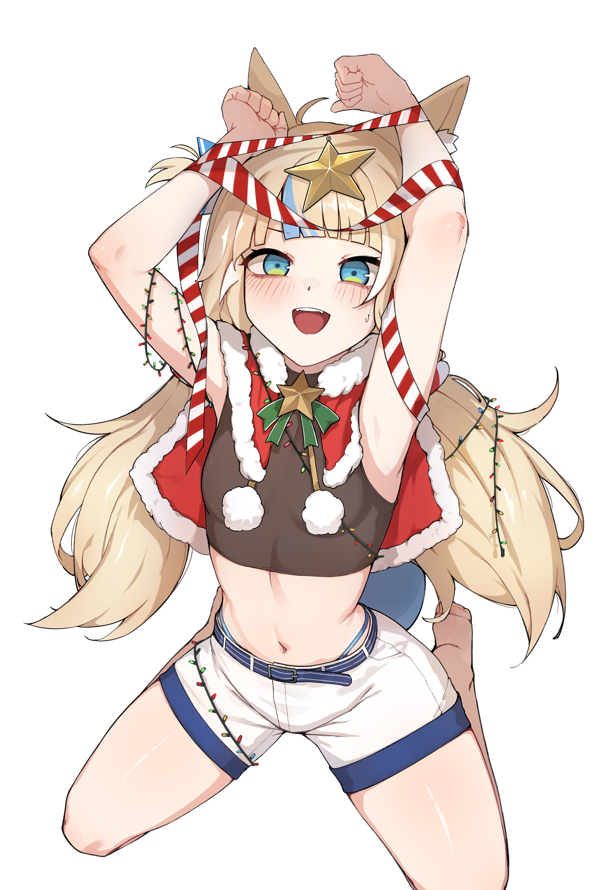 iver (reviolet), sameko saba, indie virtual youtuber, absurdres, commentary, english commentary, highres, 1girl, :d, ahoge, animal ears, armpits, arms up, bare arms, barefoot, black shirt, blonde hair, blue eyes, blue hair, blue streaks, blunt bangs, breasts, capelet, cat ears, cropped shirt, fins, fish girl, fish tail, full body, fur-trimmed capelet, fur trim, highleg, highleg panties, lifebuoy hair ornament, long hair, looking at viewer, low twintails, midriff, multicolored hair, navel, one side up, open mouth, panties, panty straps, red capelet, ribbon, shirt, short shorts, shorts, simple background, sitting, skin tight, sleeveless, sleeveless shirt, small breasts, smile, soles, solo, streaked hair, tail, teeth, twintails, underwear, upper teeth only, very long hair, virtual youtuber, white background, white hair, white shorts, white streaks
