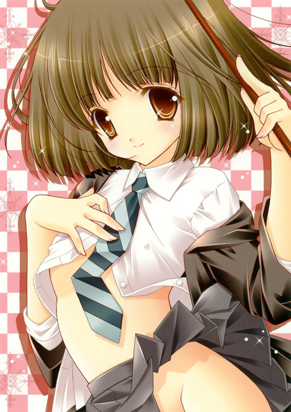 highres, blush, flat chest, loli, nipples, no panties, school uniform, smile, wand