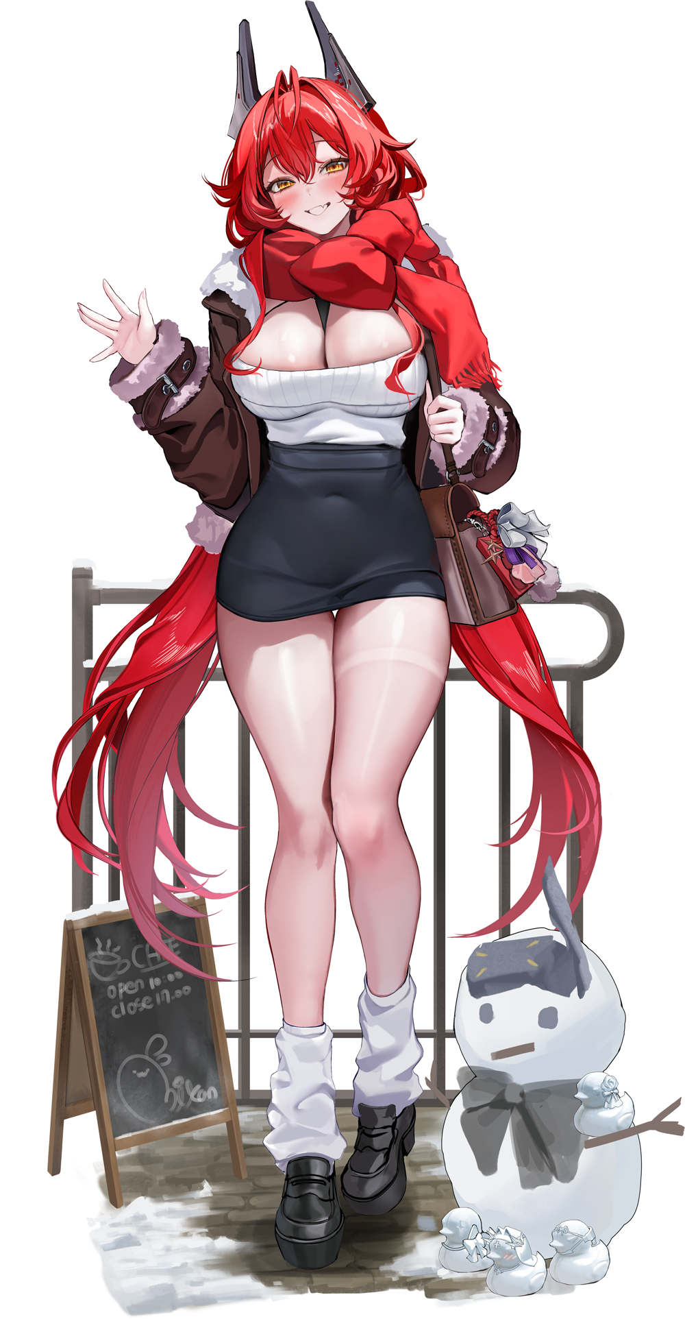 mikan03 26, red hood (nikke), snow white (nikke), goddess of victory: nikke, character snowman, commentary, highres, symbol-only commentary, 1girl, alternate costume, antenna hair, black shoes, black skirt, blush, breasts, brown jacket, covered navel, hair intakes, horns, jacket, large breasts, leg warmers, long hair, looking at viewer, mechanical horns, official artist extra, red hair, red scarf, scarf, shoes, simple background, skirt, smile, snowman, solo, sweater, very long hair, white background, white leg warmers, white sweater, yellow eyes