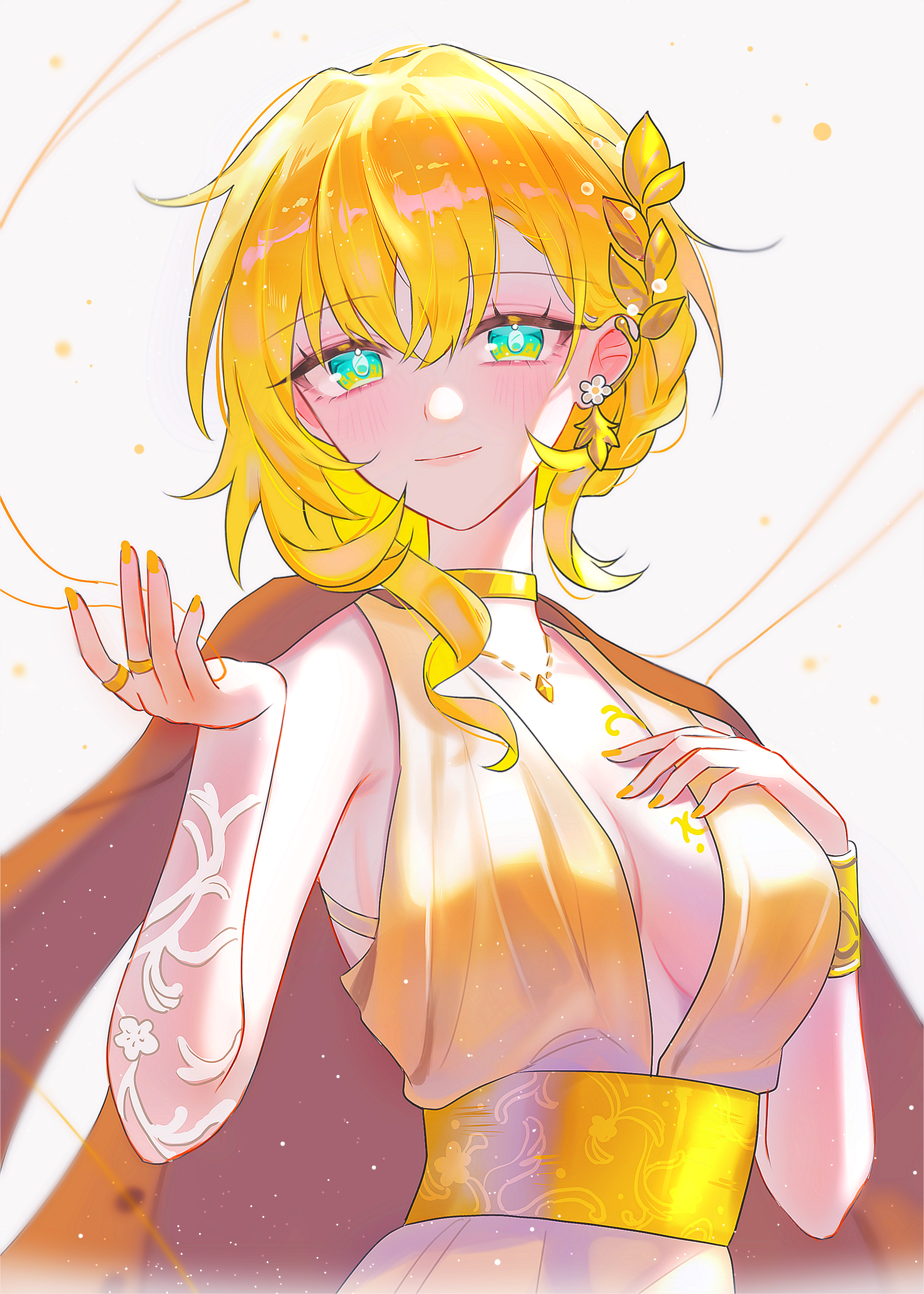 aglaea (fashion) (honkai: star rail), aglaea (honkai: star rail), honkai: star rail, honkai (series), absurdres, commentary request, highres, mixed-language commentary, 1girl, blonde hair, bracelet, breasts, chest tattoo, cleavage, earrings, green eyes, hair ornament, hand on own chest, jacket, jewelry, leaf hair ornament, light blush, medium breasts, nail polish, necklace, official alternate costume, ring, single earring, sleeveless, smile, ssamsa0404, tattoo, unworn jacket, white background