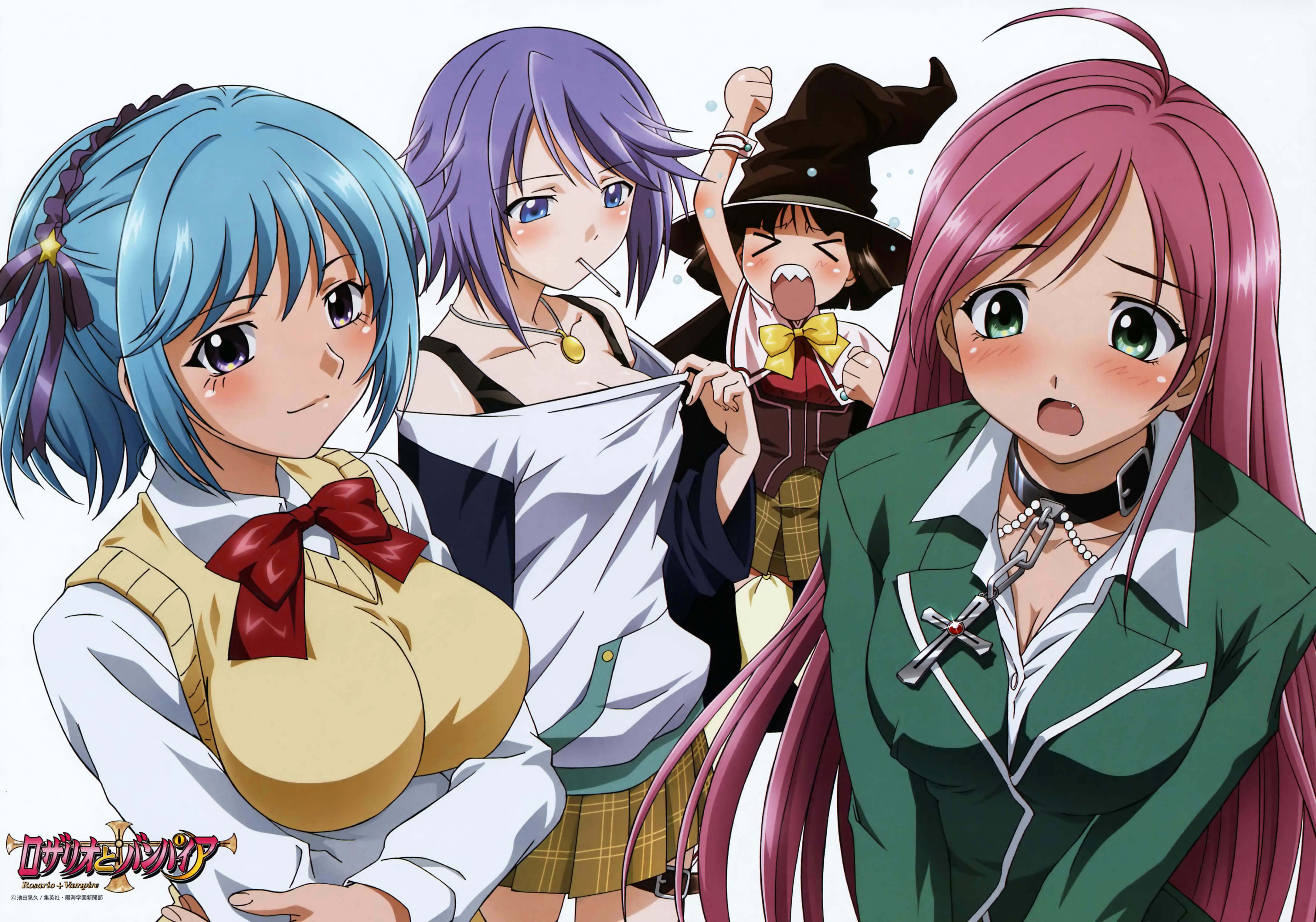 akashiya moka, kurono kurumu, sendou yukari, shirayuki mizore, rosario+vampire, breast hold, absurdres, highres, official art, scan, > <, 00s, 4girls, blazer, blue eyes, blue hair, blush, breast envy, breasts, brown hair, candy, chain, cleavage, closed eyes, copyright logo, fang, fangs, food, green shirt, hat, jacket, jewelry, large breasts, logo, lollipop, long hair, multiple girls, necklace, open mouth, pink hair, ponytail, purple eyes, purple hair, school uniform, shirt, short hair, sleeveless, sweater, sweater vest, thigh strap