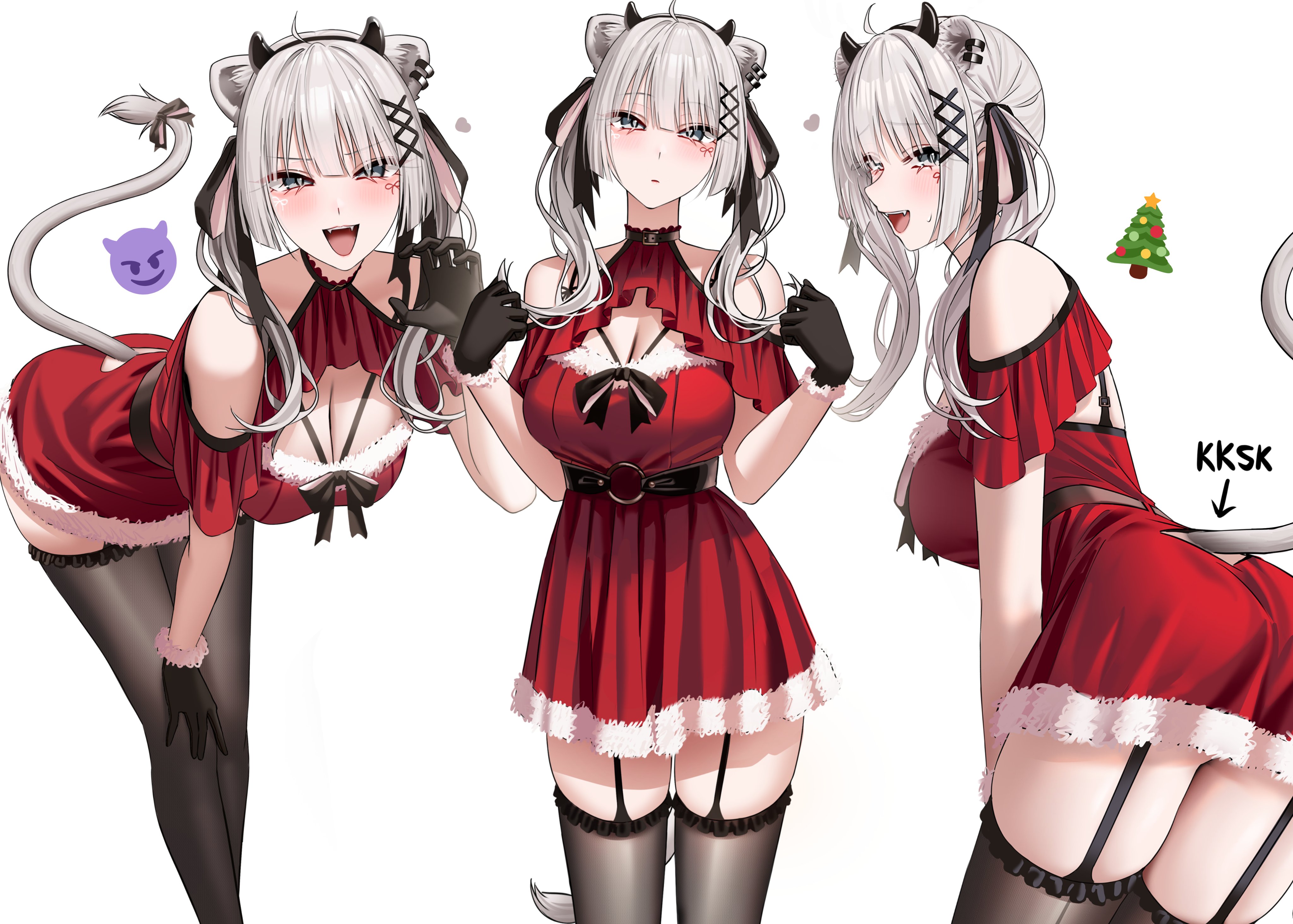 wanne, shishiro botan, hololive, absurdres, commentary request, highres, 1girl, :d, ahoge, animal ear piercing, animal ears, bent over, black gloves, black thighhighs, breasts, claw pose, cleavage, cleavage cutout, clothing cutout, dress, extra ears, fake antlers, fake horns, from behind, fur-trimmed dress, fur-trimmed gloves, fur trim, garter straps, gloves, grey eyes, grey hair, hairband, halter dress, halterneck, hand on own knee, hand up, hands up, horn hairband, horns, large breasts, lion ears, lion girl, lion tail, long hair, looking at viewer, open mouth, red dress, short dress, shoulder cutout, simple background, smile, tail, tail through clothes, teeth, thighhighs, twintails, upper teeth only, variations, virtual youtuber, white background