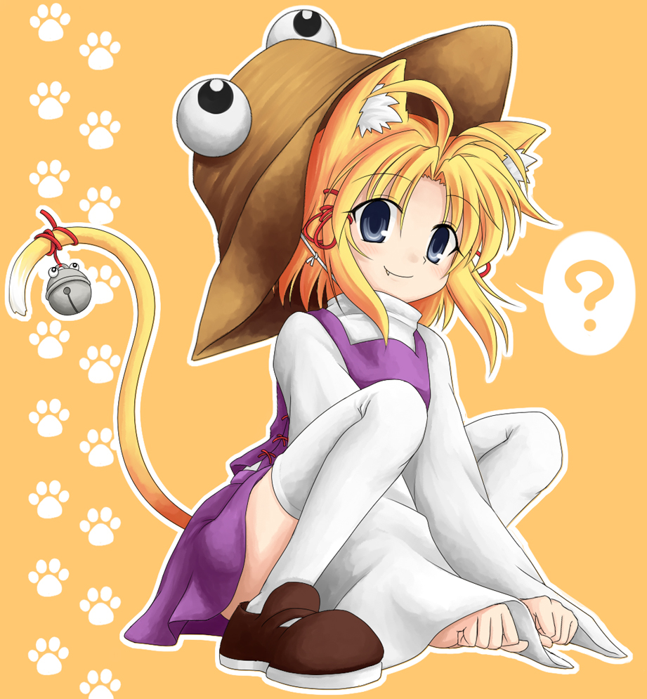 bluepony, moriya suwako, touhou, 1girl, ?, ahoge, animal ears, bell, blonde hair, cat ears, cat girl, cat tail, fang, female focus, full body, grey eyes, hair ribbon, hat, kemonomimi mode, long hair, paw print, ribbon, short hair, smile, solo, squatting, tail, tail bell, tail ornament, thighhighs, white thighhighs