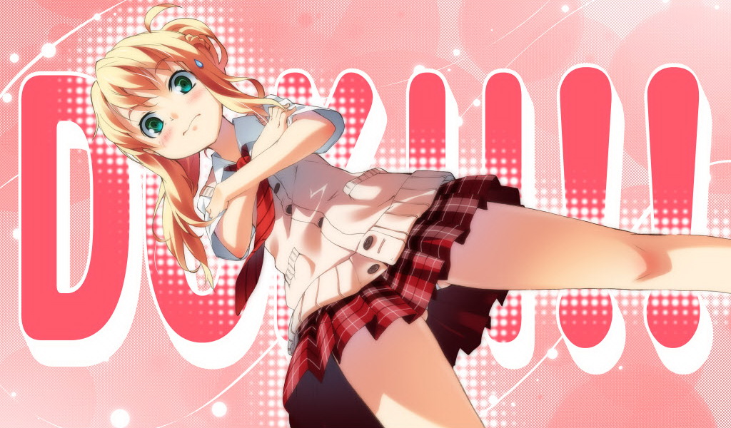 g yuusuke, kayano mina, tapestry -you will meet yourself-, 1girl, blonde hair, blush, dutch angle, female focus, green eyes, panties, school uniform, solo, sweatdrop, underwear