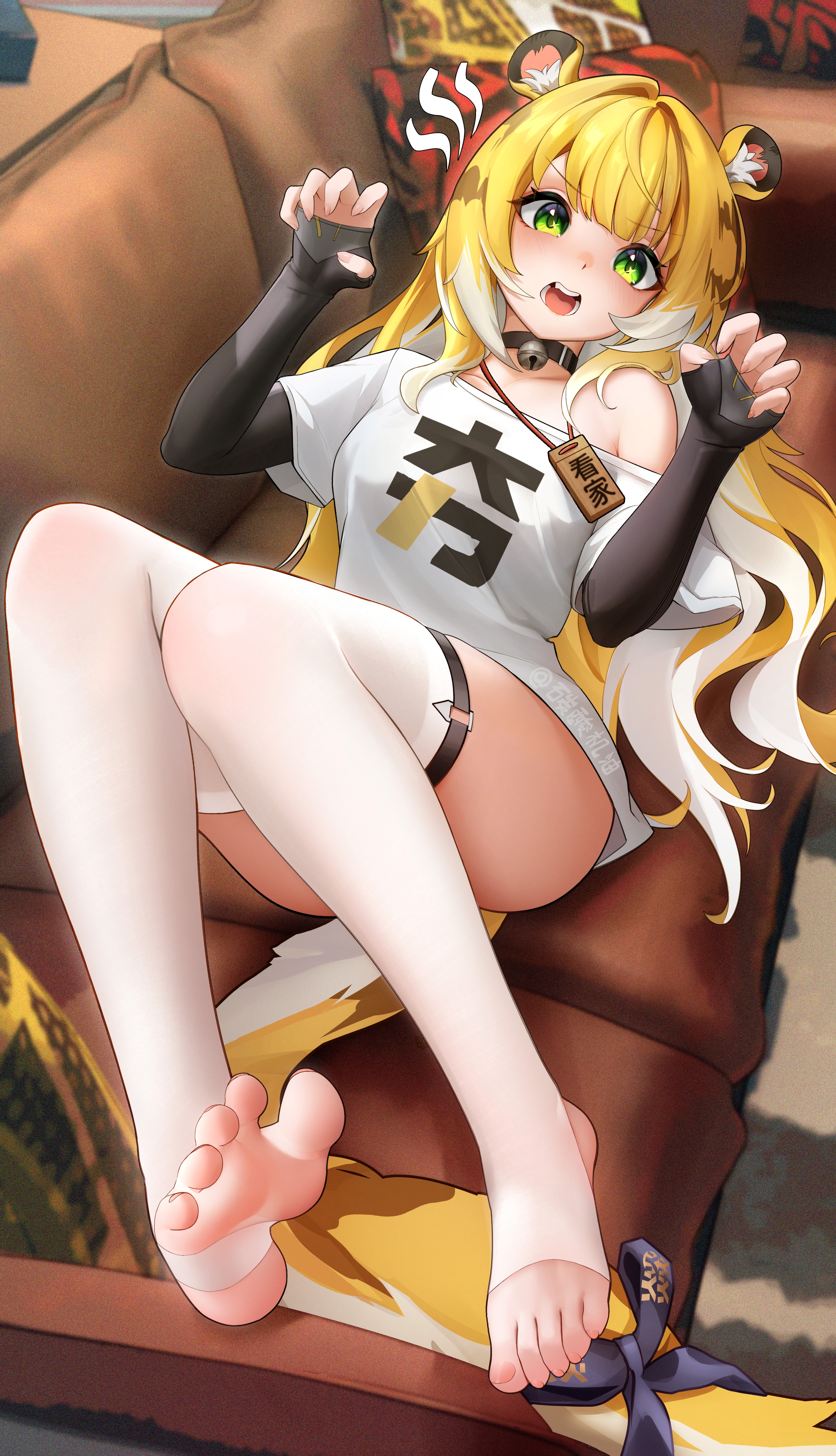ushiko xiansheng, ju fufu, zenless zone zero, absurdres, commentary request, highres, 1girl, alternate costume, animal ear fluff, animal ears, blush, bow, claw pose, collarbone, colored inner hair, couch, feet, green eyes, indoors, long hair, looking at viewer, lying, multicolored hair, on back, on couch, open mouth, pillow, shirt, single bare shoulder, solo, sparkling eyes, stirrup legwear, striped fur, striped hair, t-shirt, tail, tail bow, tail ornament, thigh strap, thighhighs, tiger ears, tiger girl, tiger stripes, tiger tail, toeless legwear, toes, white shirt, white thighhighs