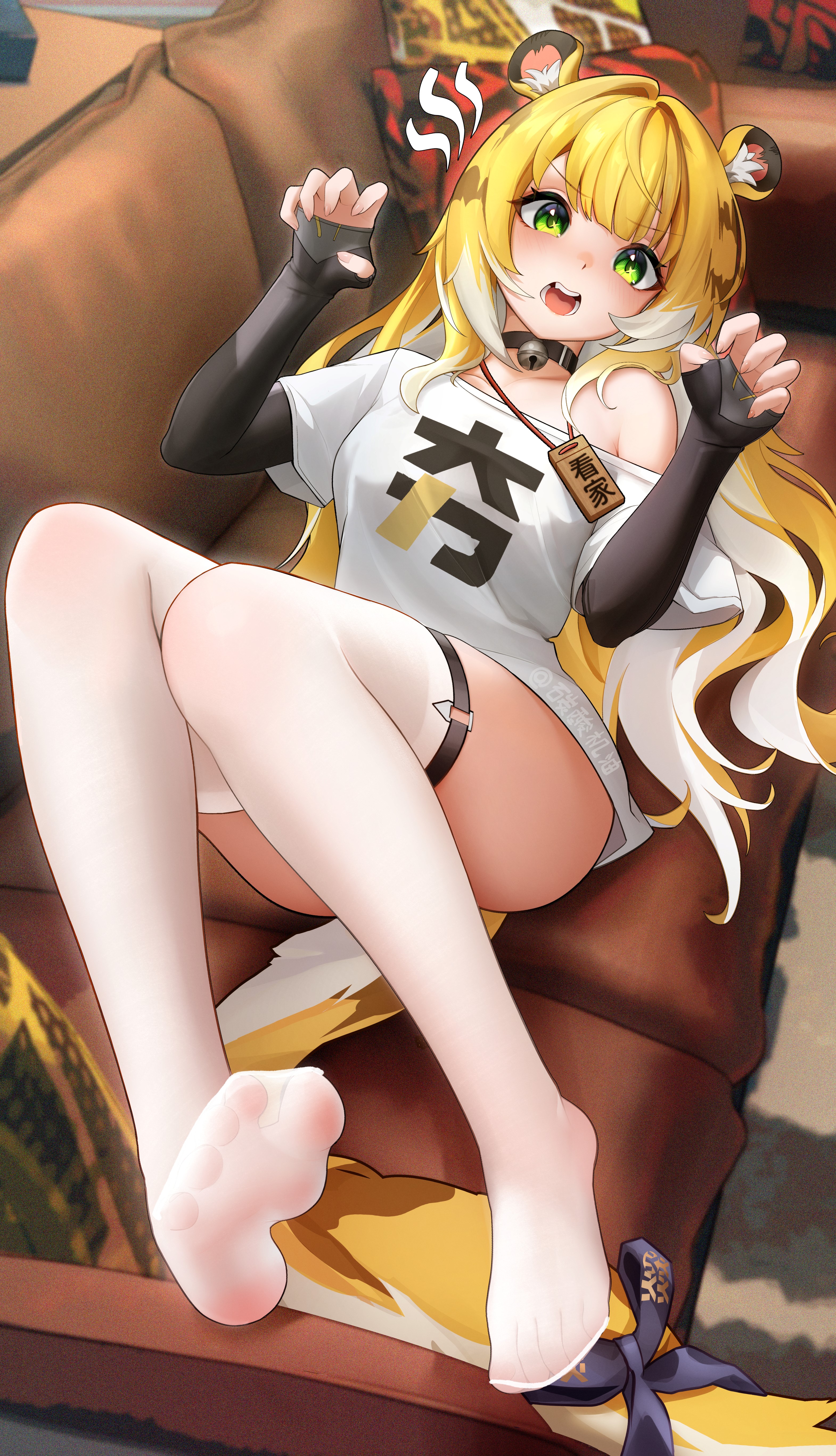 ushiko xiansheng, ju fufu, zenless zone zero, absurdres, commentary request, highres, 1girl, alternate costume, animal ear fluff, animal ears, blush, bow, claw pose, collarbone, colored inner hair, couch, feet, green eyes, indoors, long hair, looking at viewer, lying, multicolored hair, on back, on couch, open mouth, pillow, see-through clothes, see-through thighhighs, shirt, single bare shoulder, solo, sparkling eyes, striped fur, striped hair, t-shirt, tail, tail bow, tail ornament, thigh strap, thighhighs, tiger ears, tiger girl, tiger stripes, tiger tail, toes, white shirt, white thighhighs