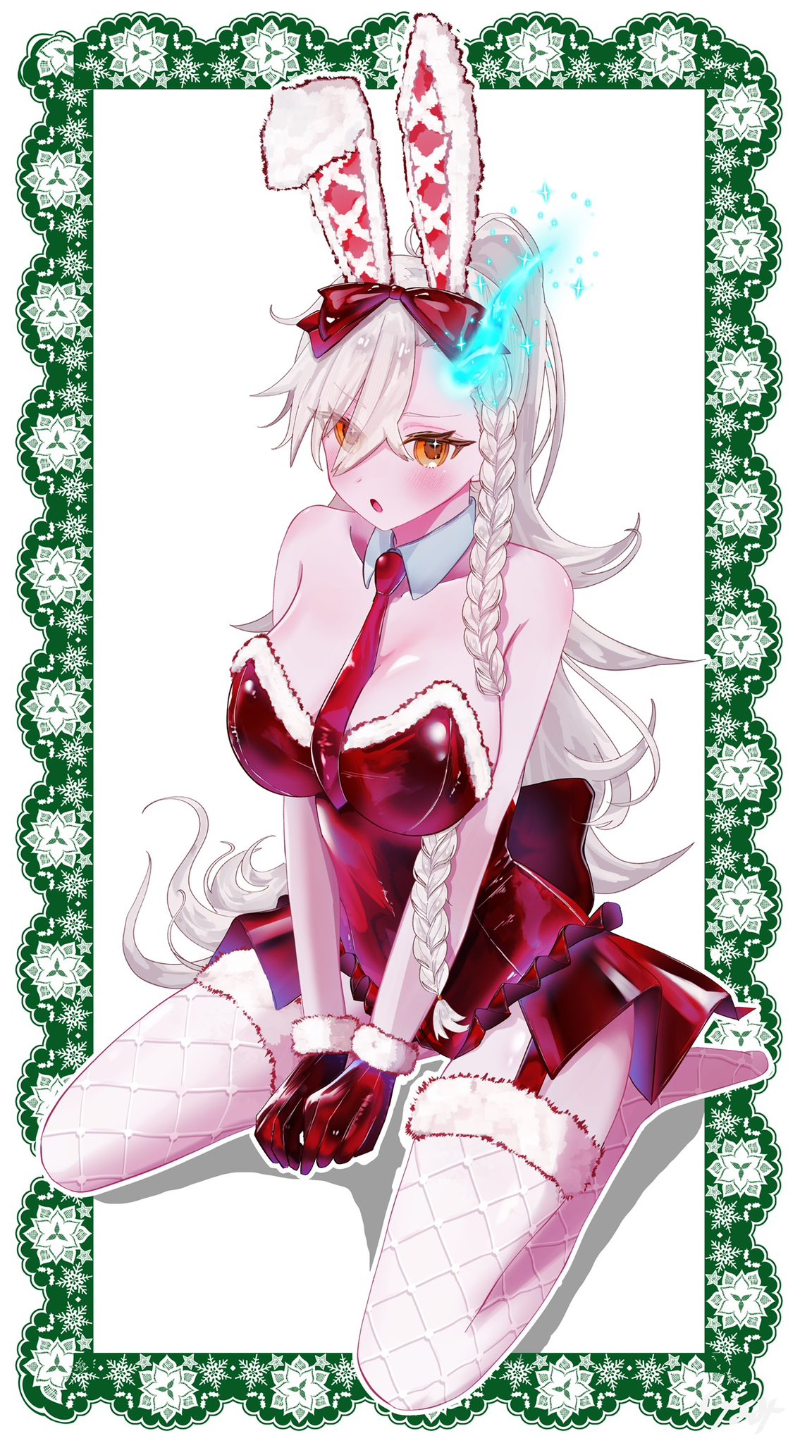 olga marie animusphere, olga marie animusphere (unbeast), u-olga marie, fate/grand order, fate (series), commentary request, highres, 1girl, alternate hairstyle, animal ears, blush, braid, breasts, cleavage, covered navel, fishnet thighhighs, fishnets, french braided twintails, fur trim, gloves, hair between eyes, hair ribbon, horns, leotard, long hair, long sleeves, looking at viewer, necktie, open mouth, orange eyes, playboy bunny, ponytail, rabbit ears, red gloves, red leotard, red necktie, ribbon, see-through horns, shiny horns, side braid, single horn, smile, solo, strapless, strapless leotard, sushi 173k, thighhighs, very long hair, white hair