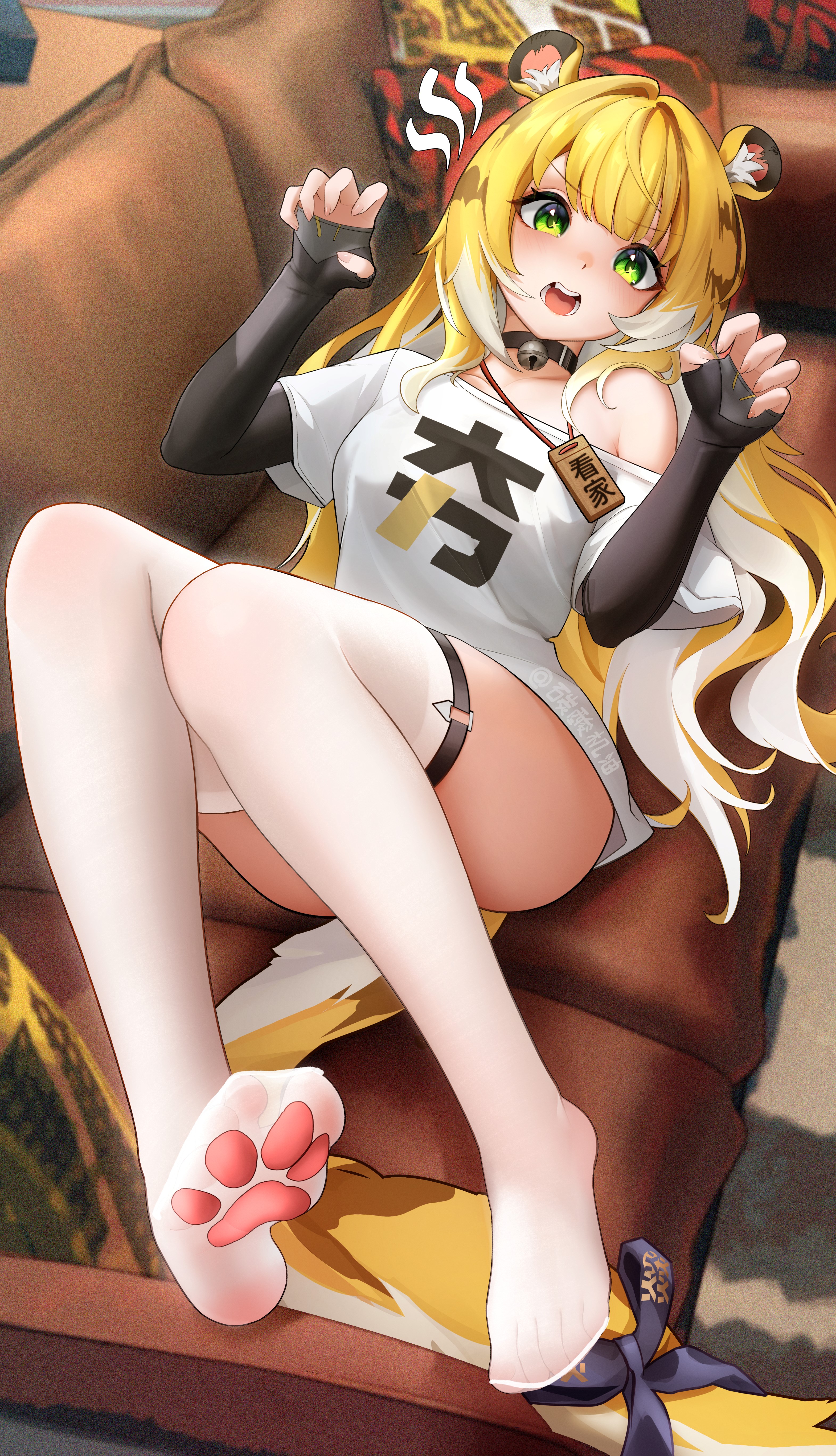ushiko xiansheng, ju fufu, zenless zone zero, absurdres, commentary request, highres, 1girl, alternate costume, animal ear fluff, animal ears, blush, bow, claw pose, collarbone, colored inner hair, couch, feet, green eyes, indoors, long hair, looking at viewer, lying, multicolored hair, on back, on couch, open mouth, pawpads, pillow, shirt, single bare shoulder, solo, sparkling eyes, striped fur, striped hair, t-shirt, tail, tail bow, tail ornament, thigh strap, thighhighs, tiger ears, tiger girl, tiger stripes, tiger tail, toes, white shirt, white thighhighs