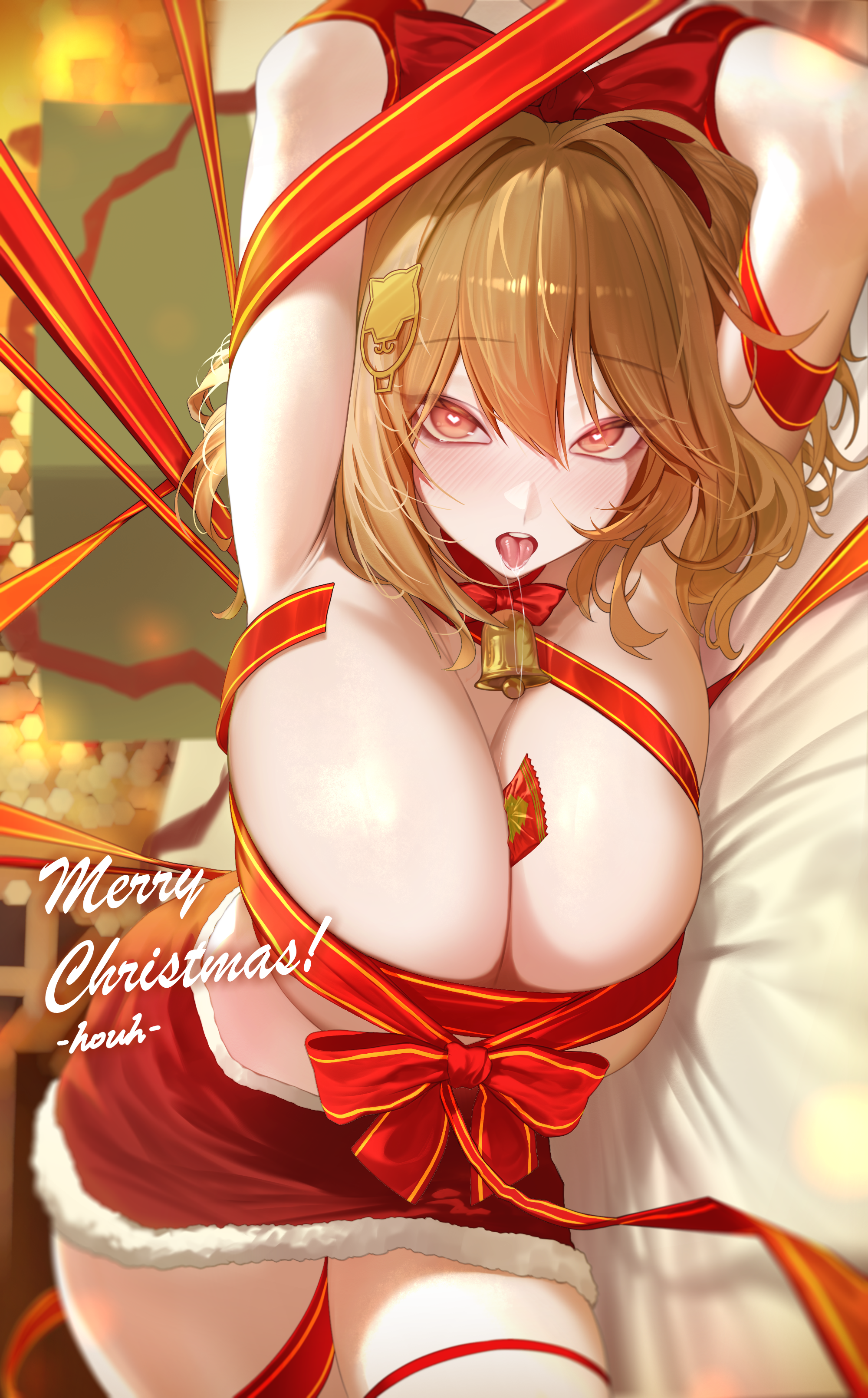houh888, anis (nikke), goddess of victory: nikke, absurdres, commentary, english commentary, highres, 1girl, ahoge, alternate costume, arms up, between breasts, bow, breasts, brown hair, condom, condom wrapper, fur-trimmed skirt, fur trim, heart, heart-shaped pupils, huge breasts, lying, merry christmas, miniskirt, on side, pink eyes, red bow, red ribbon, red skirt, ribbon, skirt, solo, symbol-shaped pupils, tongue, tongue out