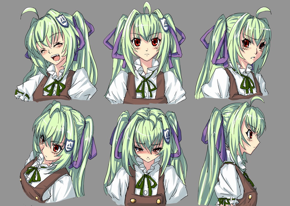 ryuuzaki ichi, green dam, os-tan, bad id, bad pixiv id, 1girl, green hair, hair ribbon, multiple expressions, personification, red eyes, ribbon, twintails
