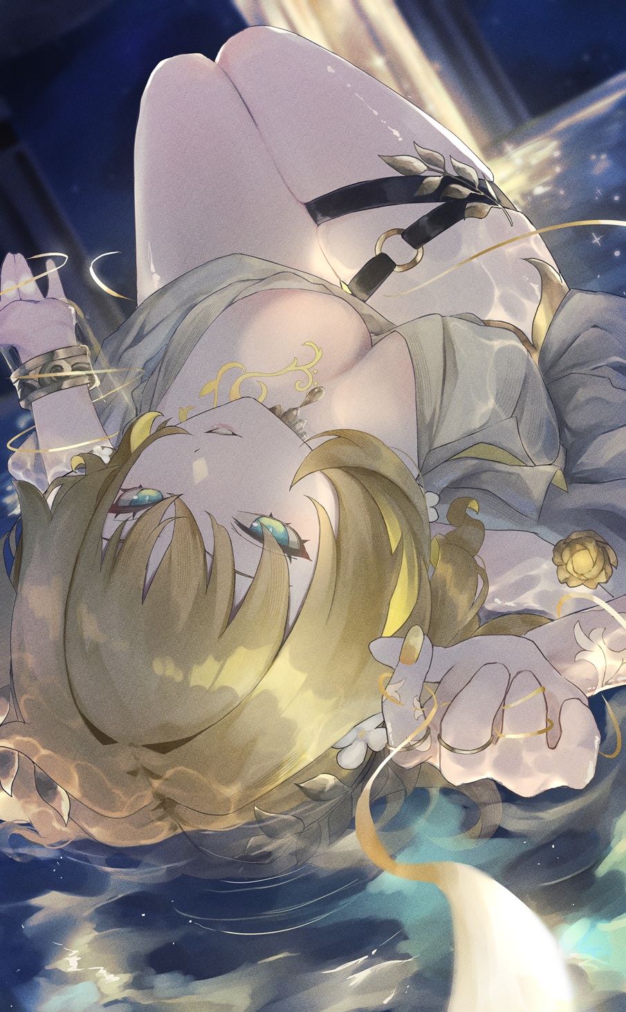 fuuro, aglaea (honkai: star rail), honkai: star rail, honkai (series), commentary request, highres, 1girl, blonde hair, bracelet, breasts, cleavage, green eyes, jewelry, large breasts, laurel crown, legs together, looking at viewer, lying, medium hair, pov, ring, tattoo, thigh strap, thread, water, yellow nails