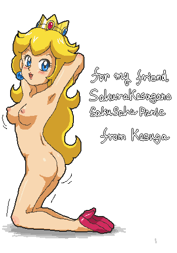 kasuga (kasuga39), princess peach, mario (series), nintendo, super mario bros. 1, red footwear, aliasing, hard-translated, lowres, third-party edit, translated, 1girl, armpits, arms behind head, ass, blonde hair, blue eyes, blush, boots, breasts, crown, earrings, english text, female focus, hat, high heels, jewelry, jiggle, kneeling, large breasts, long hair, looking at viewer, nipples, nude, open mouth, princess, shoes, simple background, small areolae, small nipples, smile, solo, very long hair, white background