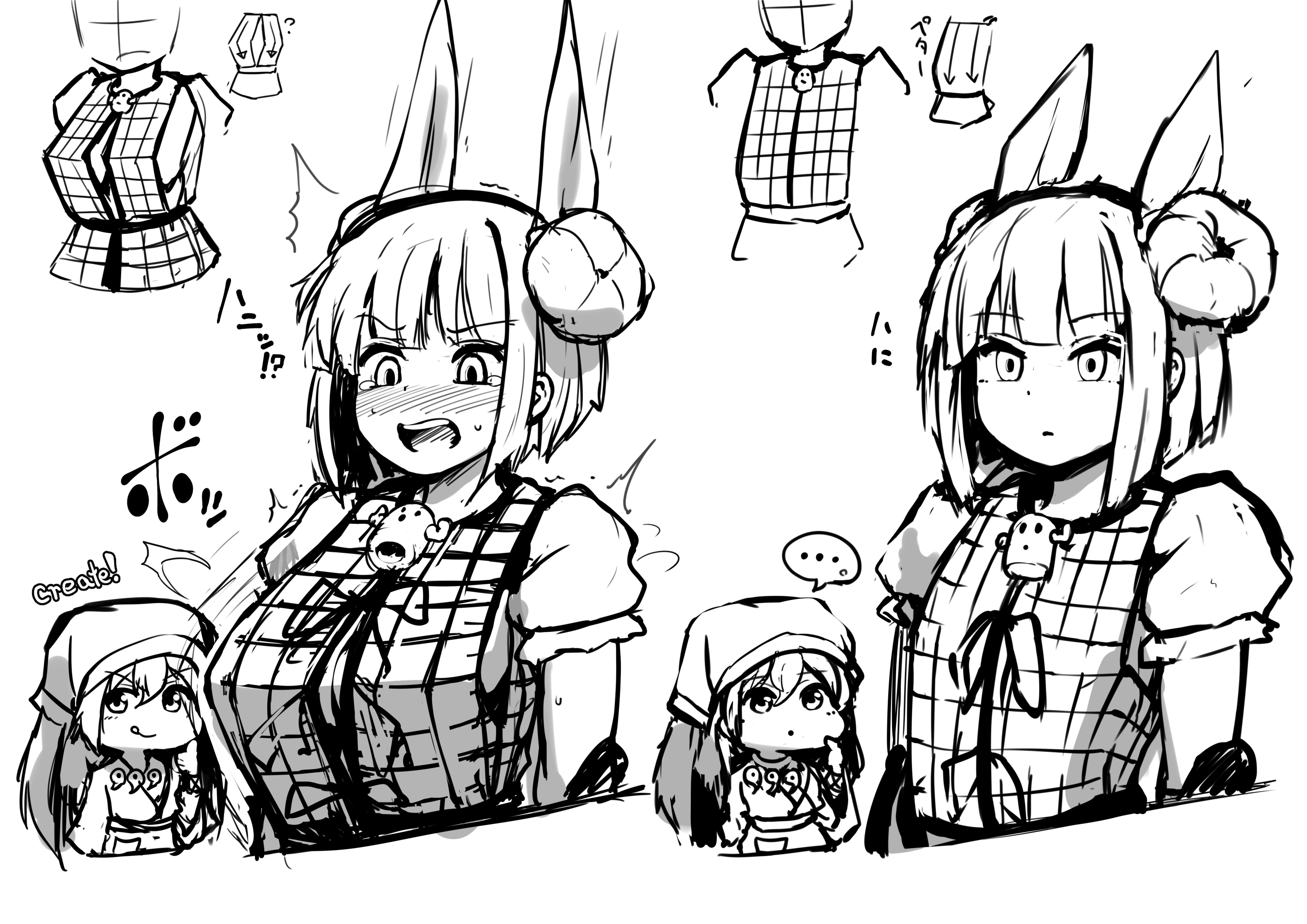 peso (cheese company), haniyasushin keiki, joutouguu mayumi, touhou, commentary request, highres, 2girls, blush, breast expansion, breasts, cleavage, closed mouth, double bun, expressionless, female pervert, greyscale, hair bun, haniwa (statue), large breasts, looking down, monochrome, multiple girls, nose blush, pervert, shirt, short hair, short sleeves, simple background, solo focus, vest