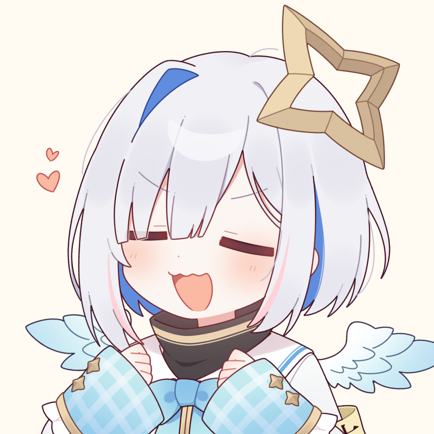 meroharome, amane kanata, hololive, commentary, highres, 1girl, :3, :d, angel wings, blue bow, blue bowtie, blunt bangs, blush, bow, bowtie, closed eyes, dot nose, gingham sleeves, halo, hands up, heart, long sleeves, multicolored hair, open mouth, parted bangs, pink hair, portrait, shirt, short hair, simple background, single hair intake, smile, solo, streaked hair, v-shaped eyebrows, virtual youtuber, white shirt, wings, yellow background