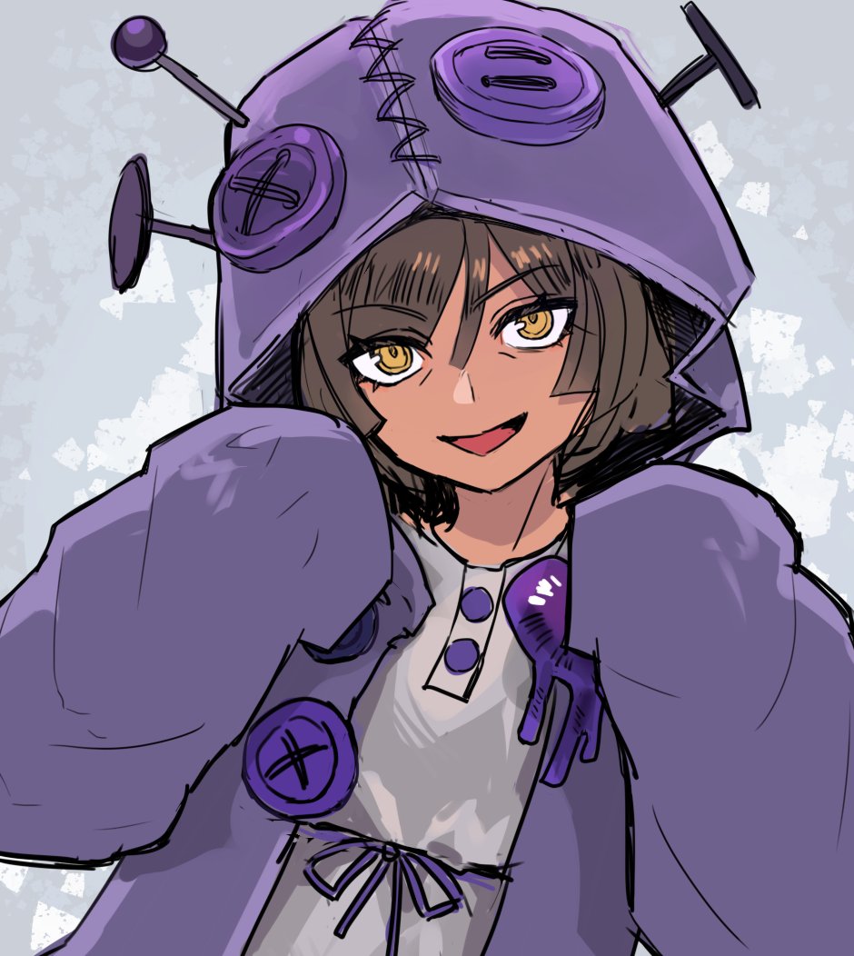 outis (project moon), limbus company, project moon, commentary request, 1girl, bow, brown eyes, brown hair, dark-skinned female, dark skin, e.g.o (project moon), grey background, hood, hood up, i'll go fer scissors. how 'bout you? (e.g.o), large buttons, looking at viewer, mikabata lc, open mouth, purple bow, purple hood, simple background, sleeves past fingers, sleeves past wrists, smile, solo, upper body