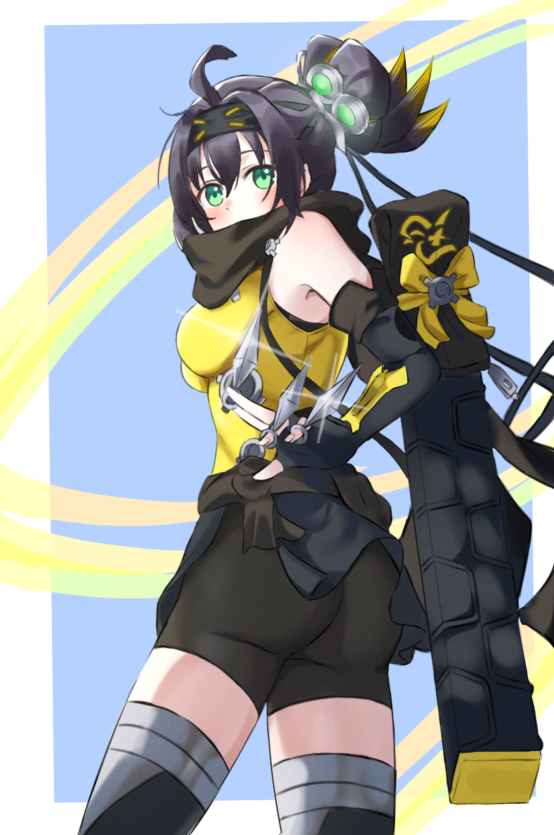 hideharu, s-force rappa chiyomaru, s:p little knight, yu-gi-oh!, commentary, english commentary, highres, bare shoulders, black hair, breasts, duel monster, green eyes, holding, holding kunai, holding weapon, kunai, leotard, multicolored hair, simple background, solo, streaked hair, two-tone hair, weapon, yellow leotard