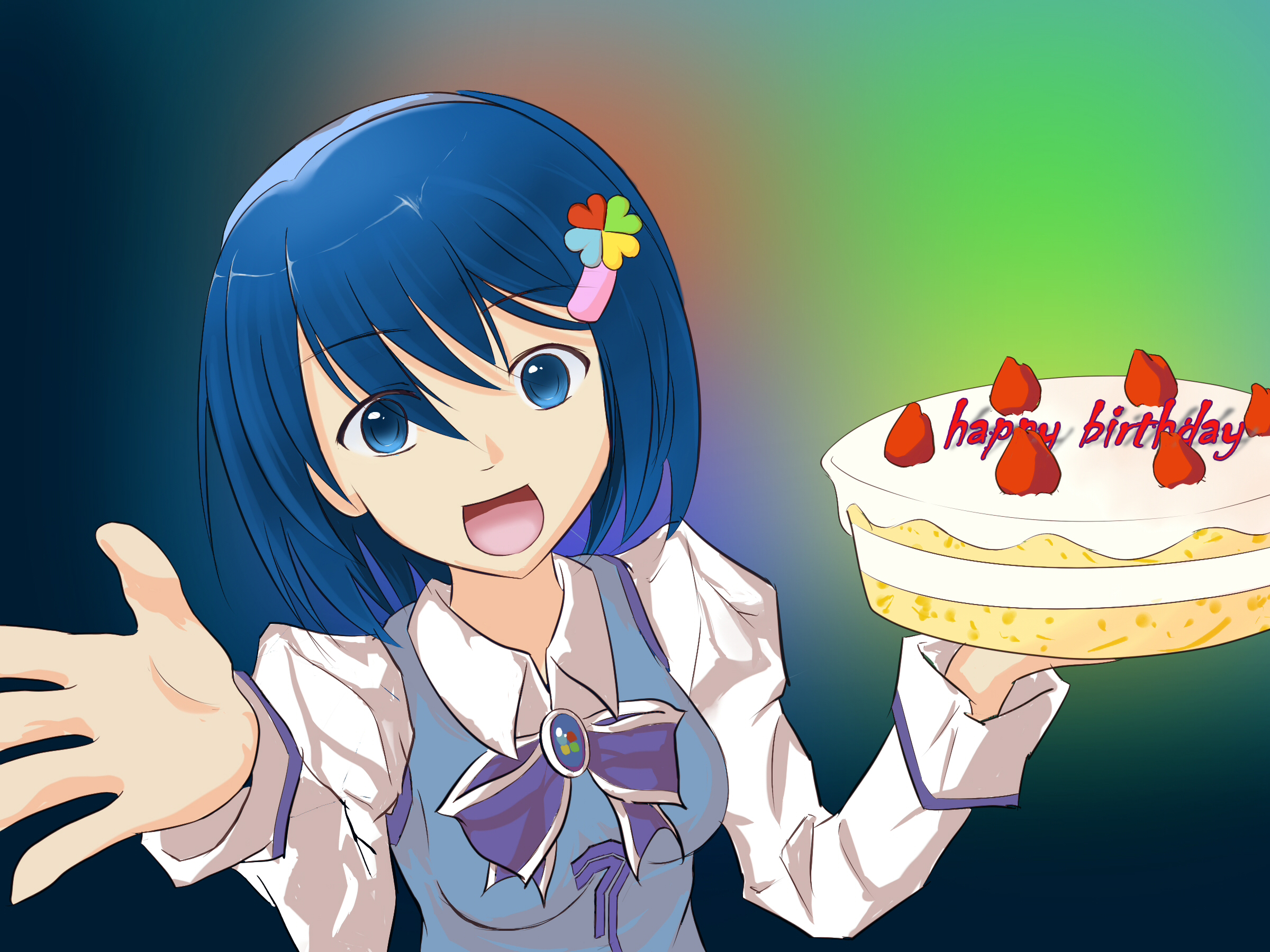 7-tan, madobe nanami, microsoft windows, os-tan, windows 7, highres, 1girl, blue eyes, blue hair, bow, breasts, cake, female focus, food, gradient background, small breasts, solo, upper body