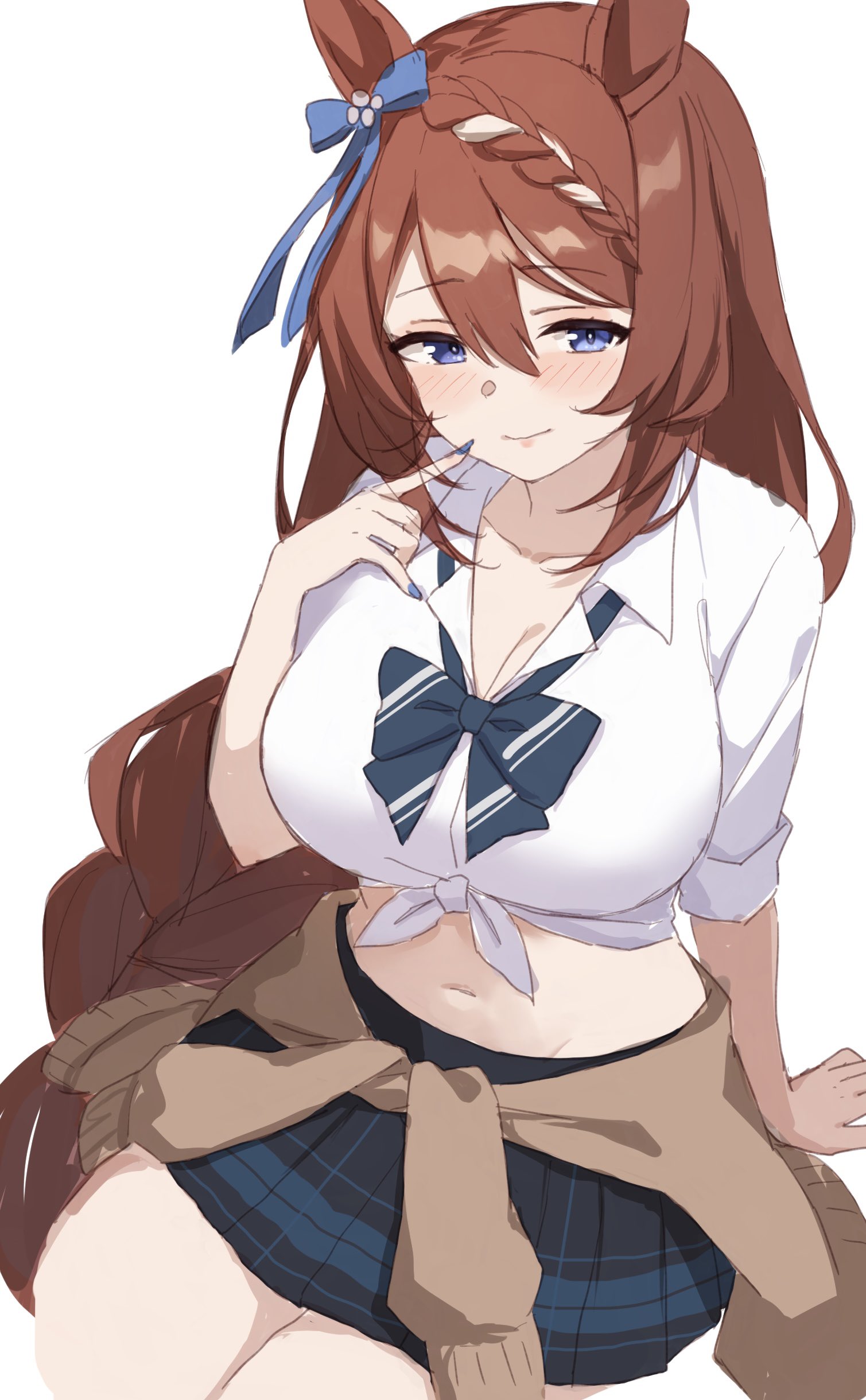 astroglia cyte, super creek (umamusume), umamusume, absurdres, commentary request, highres, 1girl, animal ears, blue bow, blue eyes, blue nails, blush, bow, braid, braided ponytail, breasts, brown cardigan, brown hair, cardigan, cardigan around waist, cleavage, closed mouth, clothes around waist, collarbone, collared shirt, ear bow, hair between eyes, horse ears, horse girl, large breasts, long hair, looking at viewer, low-tied long hair, midriff, multicolored hair, navel, school uniform, shirt, simple background, skirt, smile, solo, streaked hair, tied shirt, very long hair, white background, white hair, white shirt