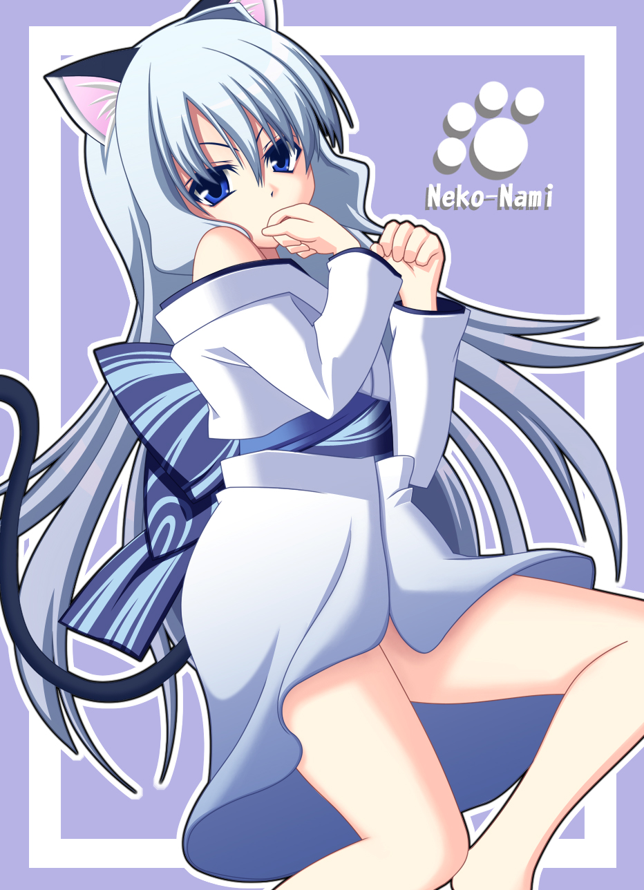 shiboru, nami (aoi shiro), aoi shiro, highres, 1girl, animal ears, blue eyes, blue hair, cat ears, cat girl, cat tail, female focus, long hair, matching hair/eyes, solo, tail, very long hair