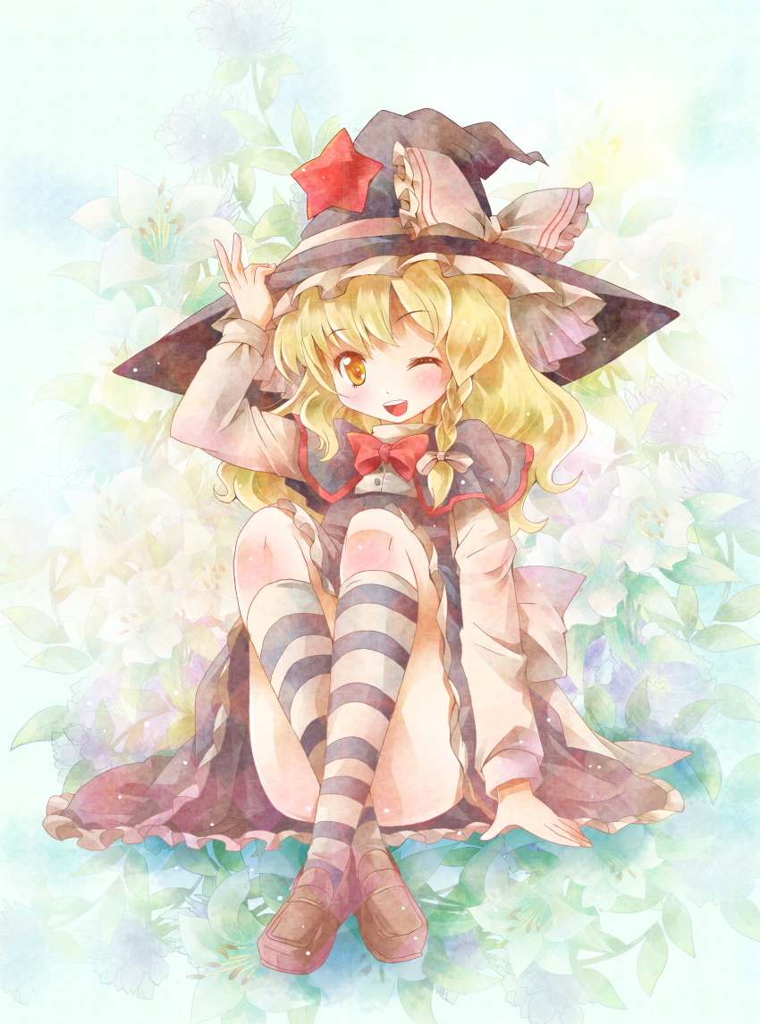 michii yuuki, kirisame marisa, touhou, bad id, bad pixiv id, 1girl, blonde hair, braid, female focus, full body, hat, hat tip, long hair, socks, solo, striped clothes, striped socks, witch, witch hat, yellow eyes