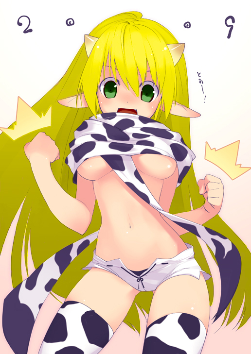 sumaki shungo, lire (grand chase), grand chase, 1girl, animal print, blonde hair, breasts, cow girl, cow horns, cow print, elf, female focus, green eyes, horns, large breasts, pointy ears, solo, surprised, underboob