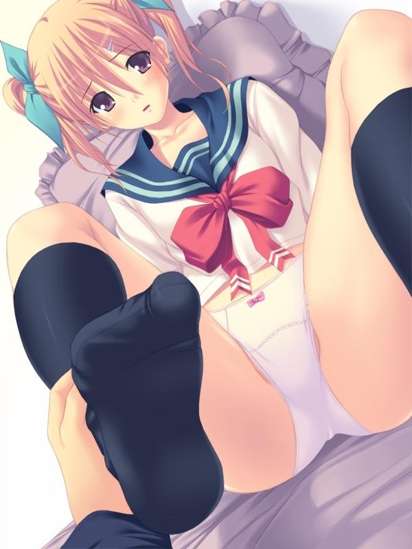 akamaru, hanemiya arin, kamisama no iutoori, 1girl, blonde hair, feet, no shoes, panties, red ribbon, ribbon, school uniform, serafuku, socks, solo focus, spread legs, twintails, underwear