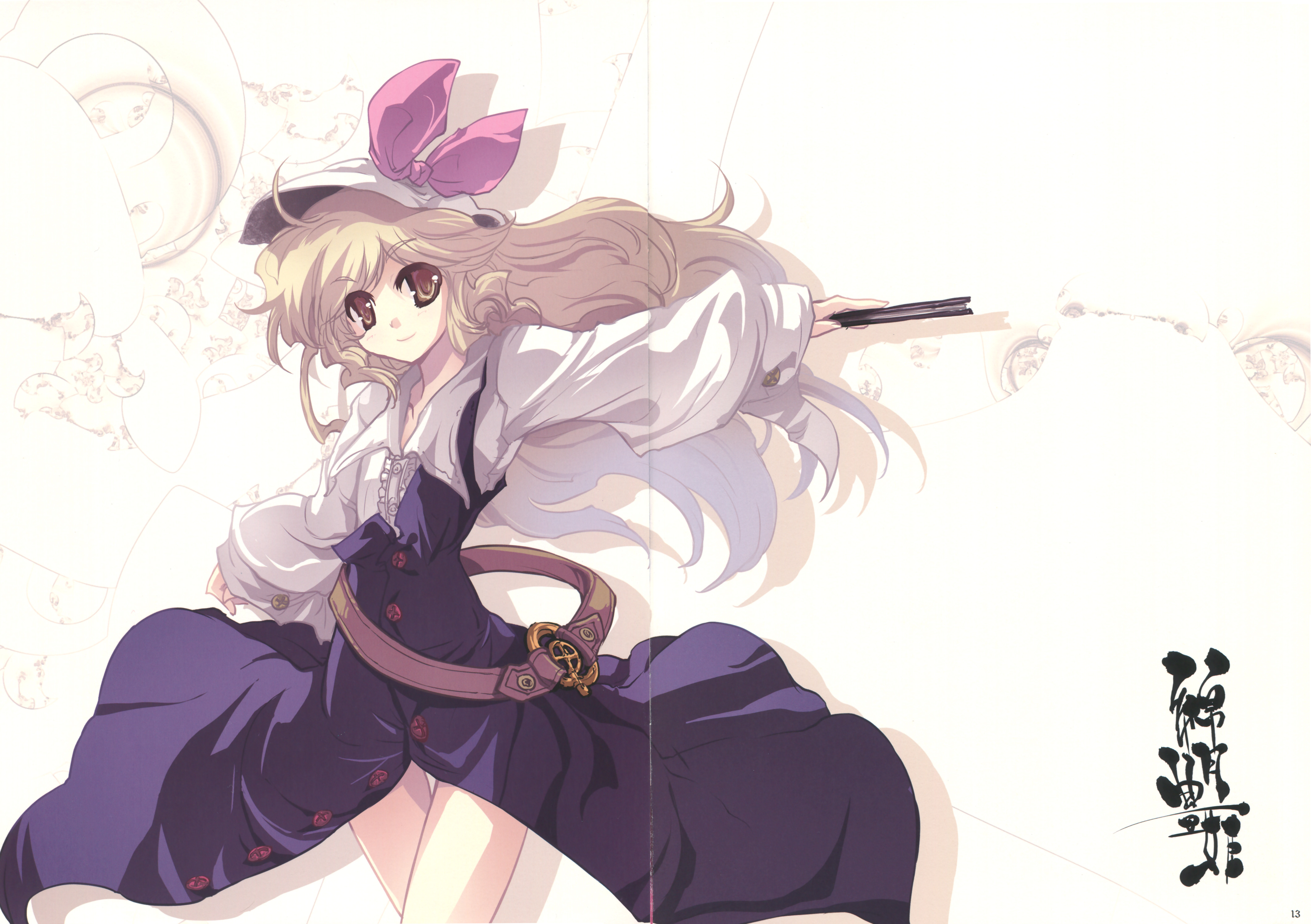 tokiame, watatsuki no toyohime, silent sinner in blue, touhou, absurdres, highres, scan, scan artifacts, 1girl, blonde hair, crease, female focus, hand fan, hat, long hair, ribbon, solo, thighs, white background, yellow eyes