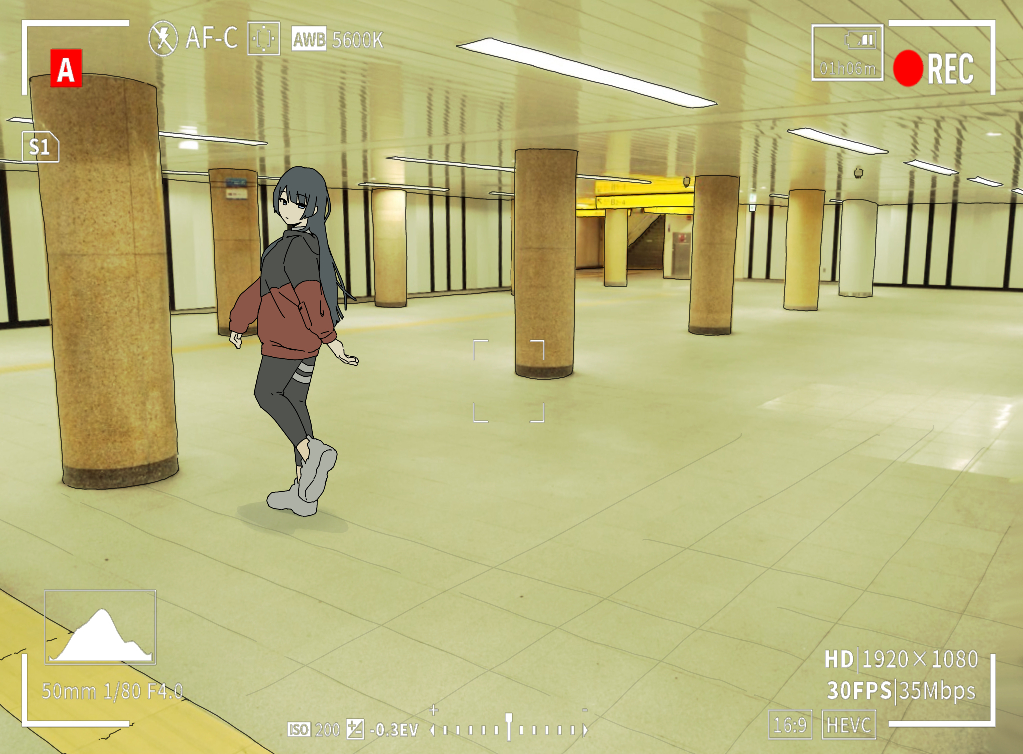 tsukino mito, tsukino mito (sporty), backrooms (creepypasta), nijisanji, highres, variant set, 1girl, black hair, black jacket, black leggings, blue eyes, blunt bangs, ceiling light, empty eyes, expressionless, fixed-point camera, full body, grey shoes, hime cut, hood, hooded jacket, hoodie, indoors, jacket, leggings, liminal space, long hair, long sleeves, looking at viewer, looking back, multicolored jacket, no nose, official alternate costume, parted lips, pillar, recording, red jacket, reflection, shirt, shoes, sidelocks, sneakers, solo, stairs, standing, standing on one leg, tile floor, tiles, turning head, turtleneck, two-tone jacket, viewfinder, virtual youtuber, white shirt, yanagi (mimimikuri)