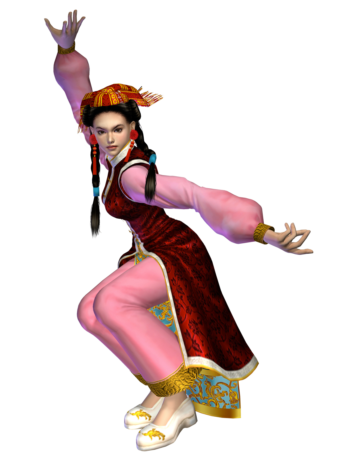 pai chan, virtua fighter, virtua fighter 4, no bangs, highres, official art, 1girl, 3d, breasts, china dress, chinese clothes, dress, female focus, full body, simple background, solo, white background