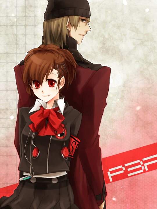 tatumin, aragaki shinjirou, shiomi kotone, atlus, persona, persona 3, persona 3 portable, bad id, bad pixiv id, 1boy, 1girl, beanie, bow, brown hair, coat, couple, hair ornament, hairclip, hat, headphones, hetero, red eyes, school uniform, short hair, skirt, smile, trench coat