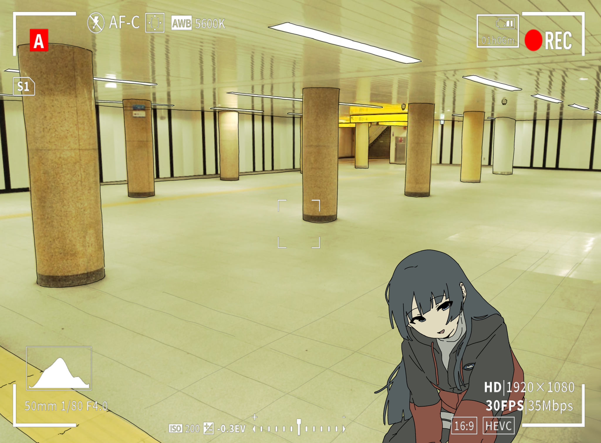 tsukino mito, tsukino mito (sporty), backrooms (creepypasta), nijisanji, highres, variant set, 1girl, black hair, black jacket, black leggings, blue eyes, blunt bangs, ceiling light, cowboy shot, drawstring, empty eyes, fixed-point camera, full body, head tilt, hime cut, hood, hooded jacket, hoodie, indoors, jacket, leggings, liminal space, long hair, long sleeves, looking at viewer, multicolored jacket, no nose, official alternate costume, open mouth, pillar, recording, red jacket, reflection, shirt, sidelocks, smile, solo, squatting, stairs, standing, tile floor, tiles, turtleneck, two-tone jacket, viewfinder, virtual youtuber, white shirt, yanagi (mimimikuri)