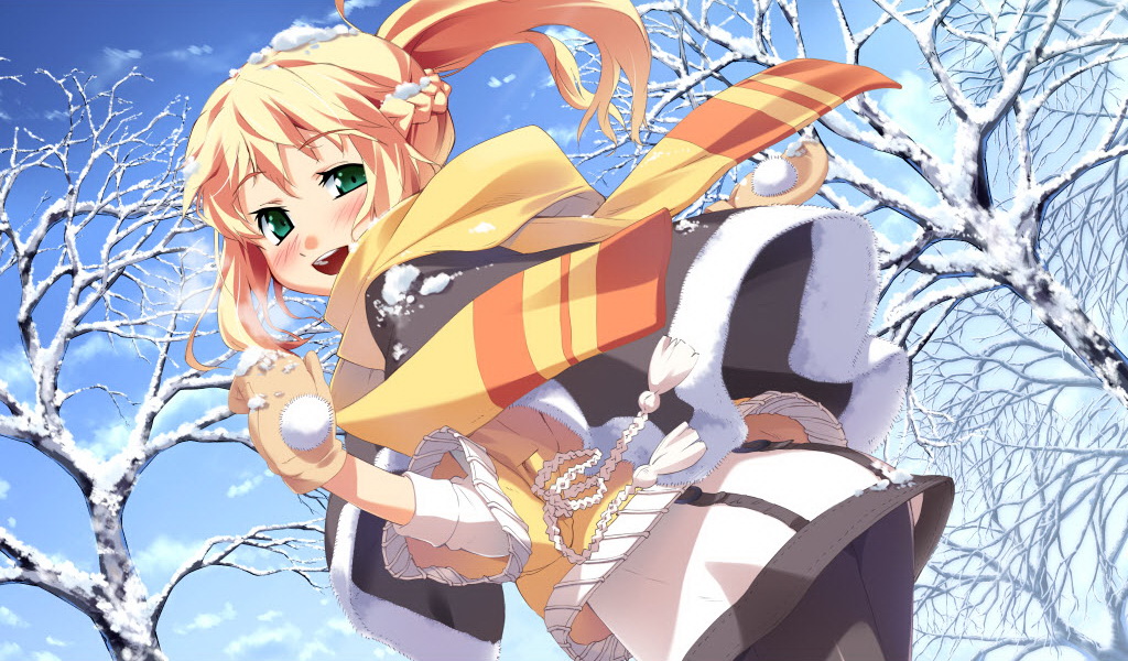 g yuusuke, kayano mina, tapestry -you will meet yourself-, 1girl, blonde hair, blush, braid, day, dutch angle, female focus, gloves, green eyes, mittens, pantyhose, scarf, snow, solo, tree
