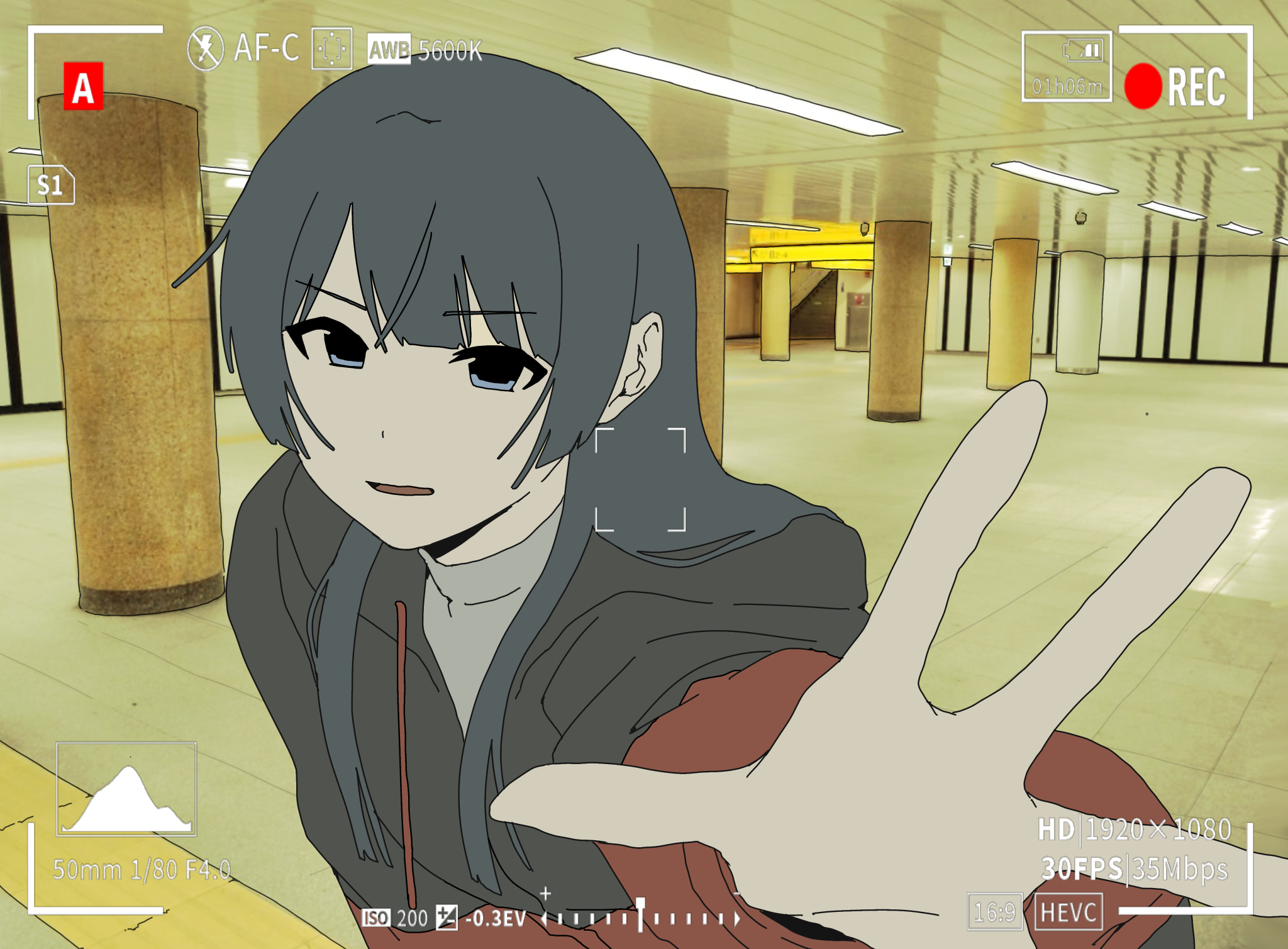 tsukino mito, tsukino mito (sporty), backrooms (creepypasta), nijisanji, highres, variant set, 1girl, black hair, black jacket, blue eyes, blunt bangs, ceiling light, drawstring, fixed-point camera, hand up, hime cut, hood, hooded jacket, hoodie, indoors, jacket, light smile, liminal space, long hair, long sleeves, looking at viewer, multicolored jacket, official alternate costume, open mouth, pillar, reaching, reaching towards viewer, recording, red jacket, reflection, shirt, sidelocks, smile, solo, stairs, standing, tile floor, tiles, turtleneck, two-tone jacket, upper body, v-shaped eyebrows, viewfinder, virtual youtuber, white shirt, yanagi (mimimikuri)