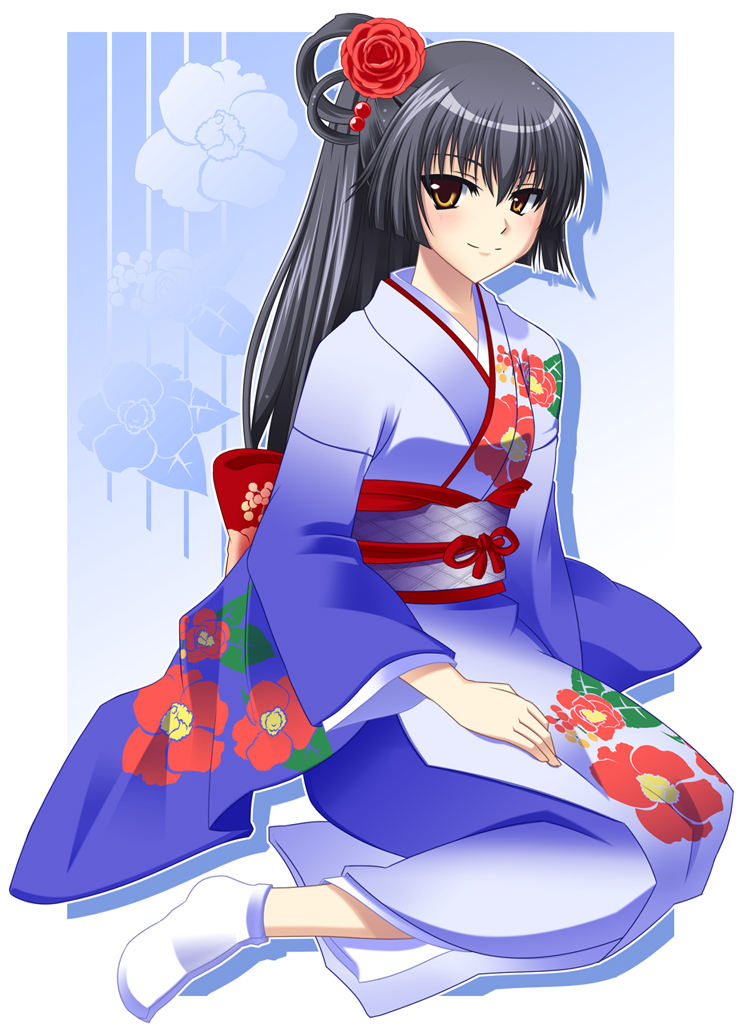 shiboru, sakurai ayashiro, aoi shiro, 1girl, black hair, camellia, camellia print, female focus, floral print, flower, hair bobbles, hair flower, hair ornament, japanese clothes, kimono, ponytail, sitting, smile, socks, solo, tabi, yellow eyes, yukata