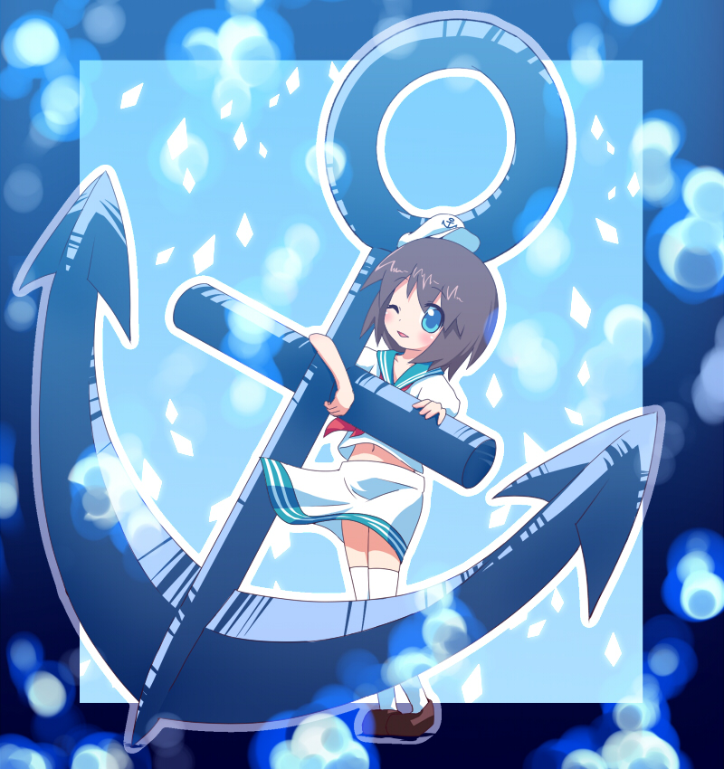 ayakashi (monkeypanch), murasa minamitsu, touhou, bad id, bad pixiv id, 1girl, anchor, black hair, blue eyes, bubble, female focus, hat, one eye closed, sailor, sailor hat, short hair, skirt, solo, thighhighs, white thighhighs, wink