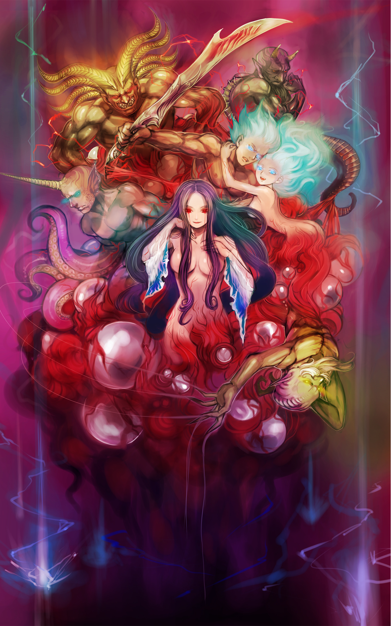 moreshan, bokuohn, dantarg, kujinshi, noel (romancing saga 2), noel (saga), rocbouquet, rocbouquet (saga), subier, the seven heroes, wagnas, romancing saga, romancing saga 2, saga, square enix, absurdres, highres, 2girls, 5boys, beard, blue eyes, canon genderswap, everyone, facial hair, fins, genderswap, genderswap (mtf), glowing, glowing eyes, horns, long hair, monster, multiple boys, multiple girls, red eyes, sword, tentacles, weapon, yellow eyes