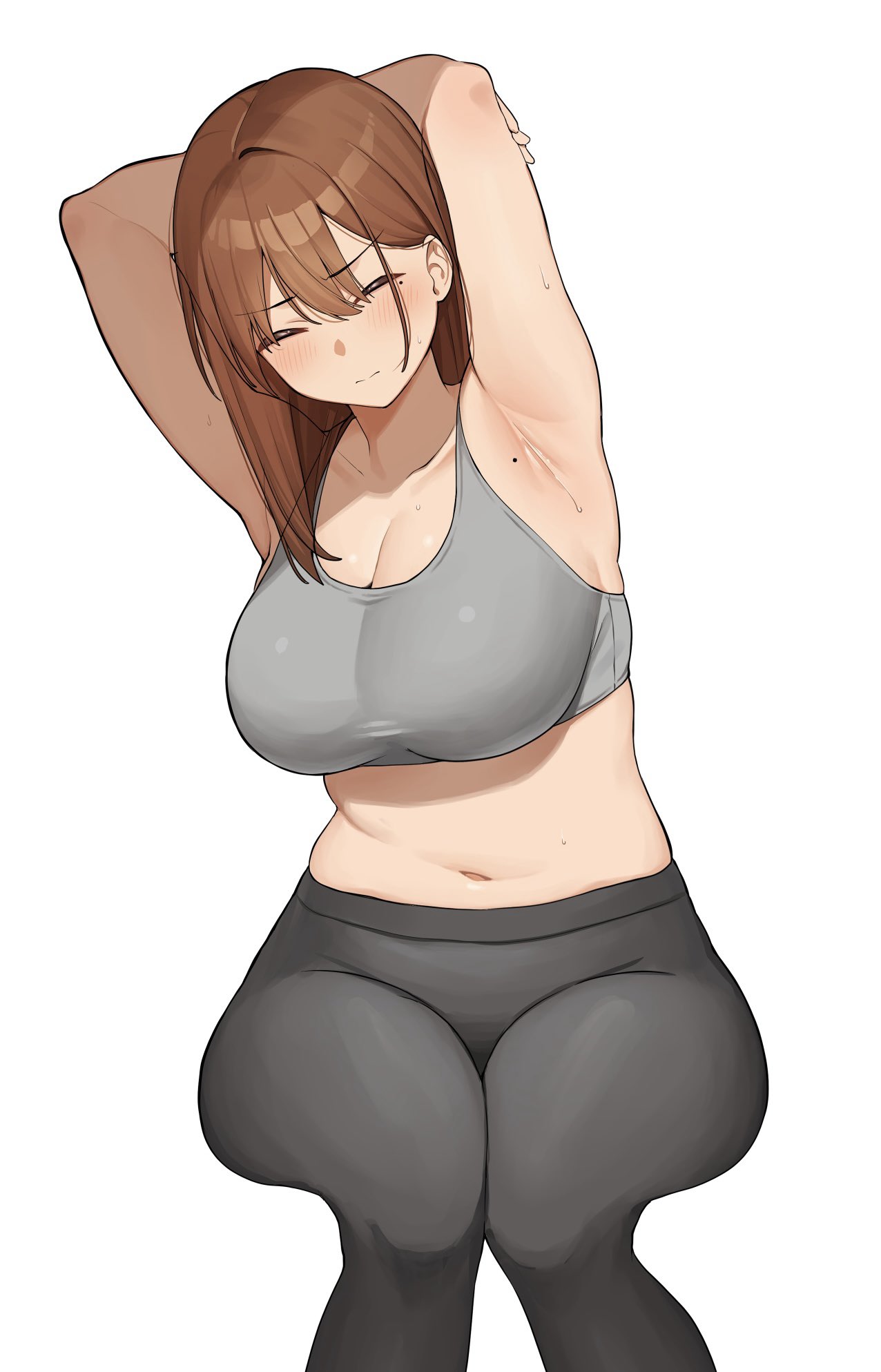 udon (udonalium), ol-chan (udon), original, commentary request, highres, 1girl, armpits, arms behind head, bad anatomy, bad leg, black leggings, blush, breasts, brown hair, cleavage, closed eyes, closed mouth, collarbone, grey sports bra, large breasts, leggings, long hair, mole, mole on arm, mole on armpit, mole under eye, navel, simple background, solo, sports bra, stomach, stretching, white background, workout clothes