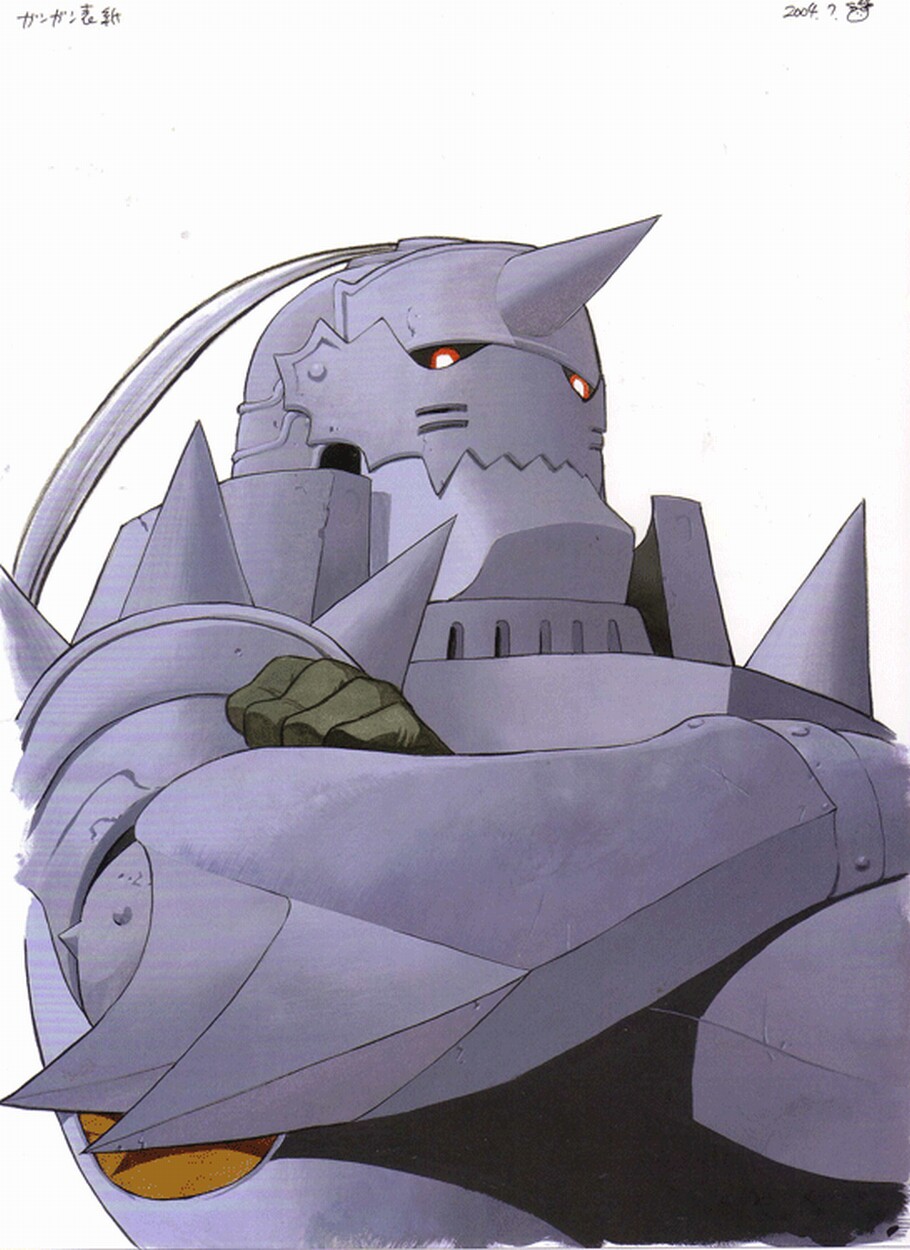 arakawa hiromu, alphonse elric, fullmetal alchemist, highres, 00s, 1boy, armor, crossed arms, dated, gloves, helmet, looking at viewer, male focus, simple background, solo, white background