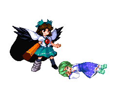code unexist, daime fusonzai, kochiya sanae, reiuji utsuho, souther, hokuto no ken, hokuto no ken: shinpan no sousousei kengou retsuden, touhou, animated, animated gif, lowres, cape, female focus, game sprite, parody, transparent background, victory pose