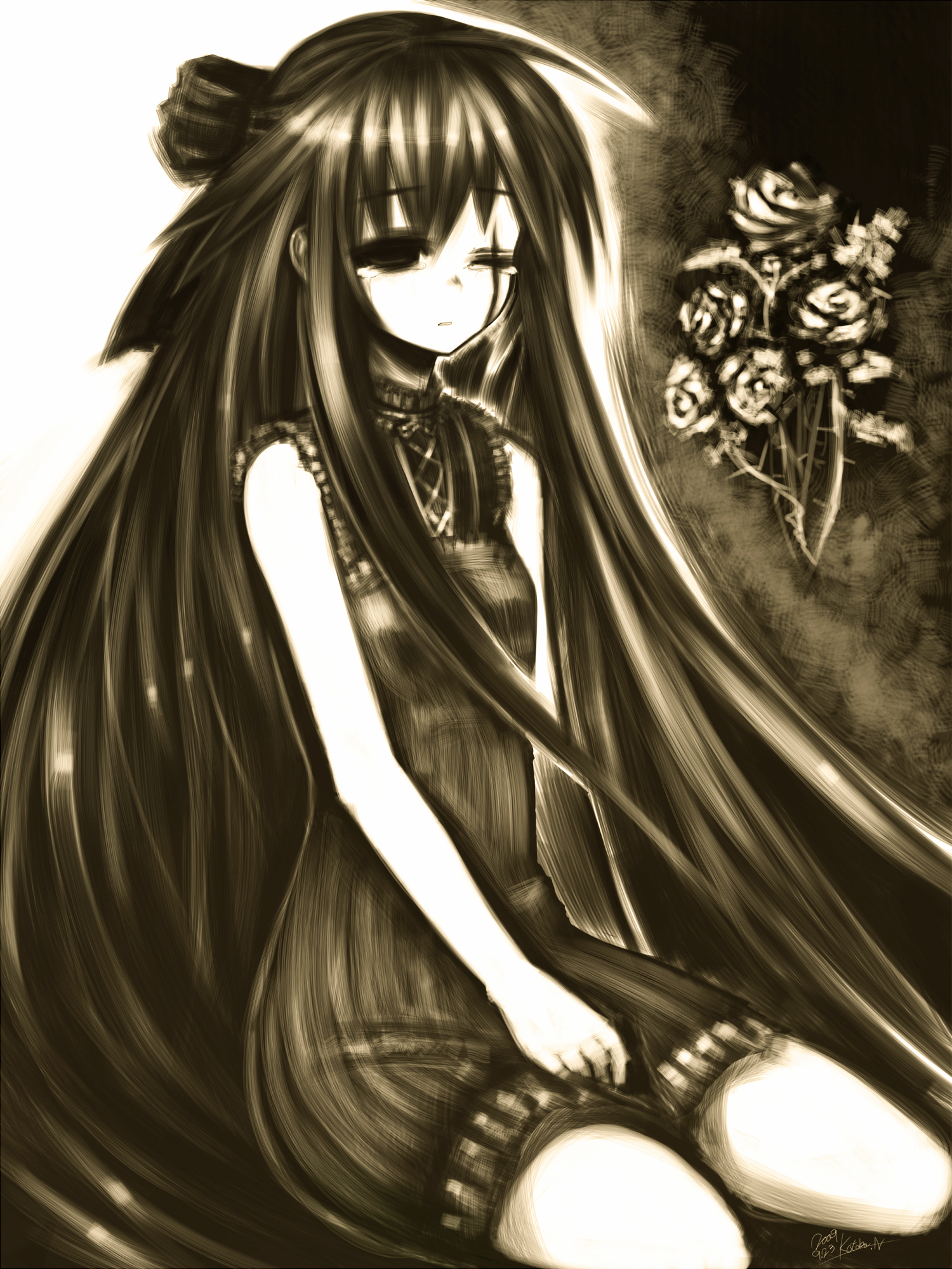 kotoba noriaki, original, pixiv fantasia, highres, flower, long hair, monochrome, ribbon, scar, signature, solo