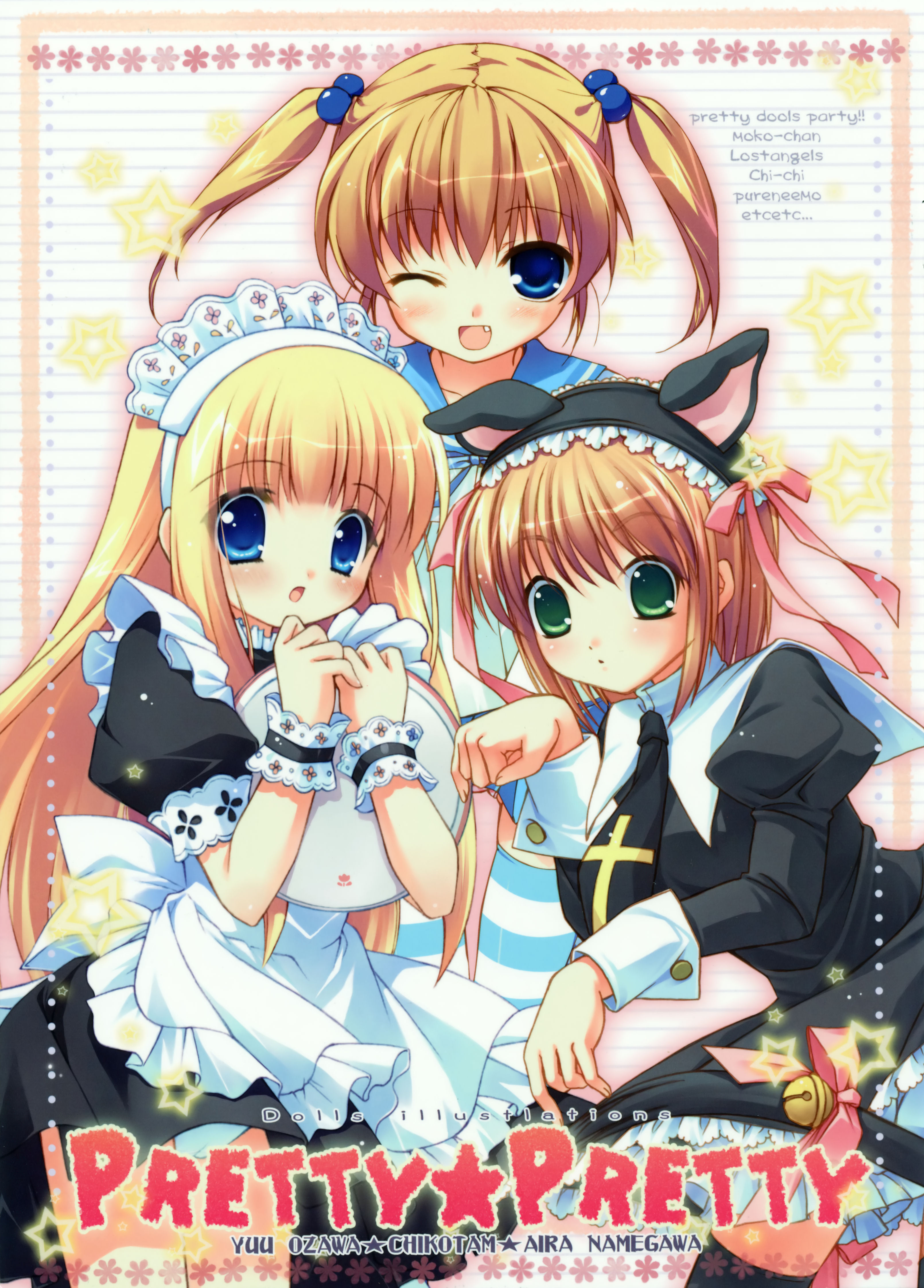 chikotam, namegawa aira, ozawa yuu, absurdres, copyright request, highres, 3girls, animal ears, bell, blonde hair, blue eyes, blush, cross, fang, green eyes, hair bobbles, hair ornament, long hair, multiple girls, one eye closed, open mouth, panties, pantyshot, paw pose, red hair, ribbon, tail, tail ornament, tail ribbon, twintails, underwear, wink, wrist cuffs